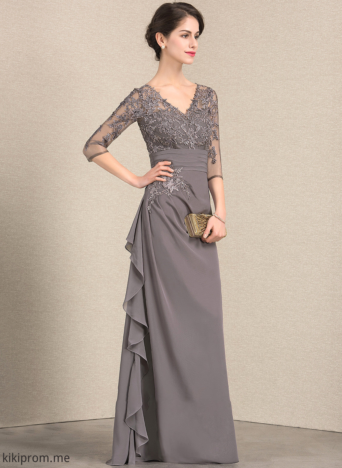 Chiffon V-neck Floor-Length of Julianne Mother of the Bride Dresses Lace the Ruffles A-Line Dress With Bride Cascading Mother