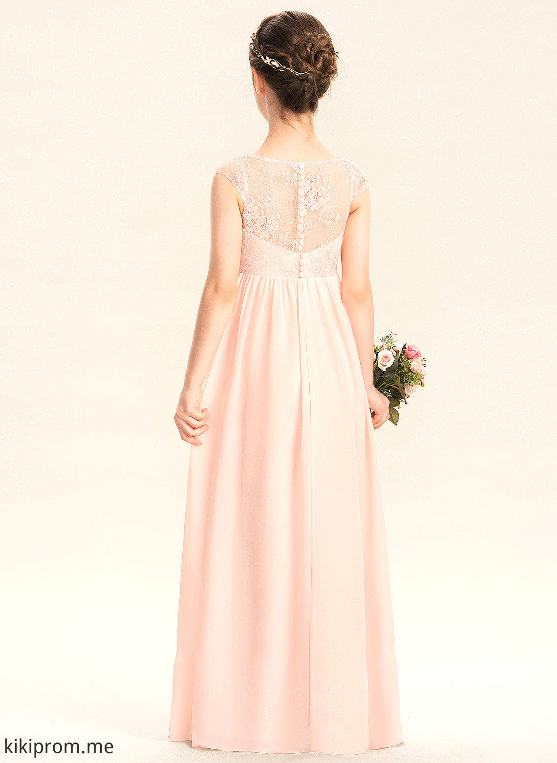 With V-neck A-Line Floor-Length Tess Chiffon Lace Ruffle Junior Bridesmaid Dresses