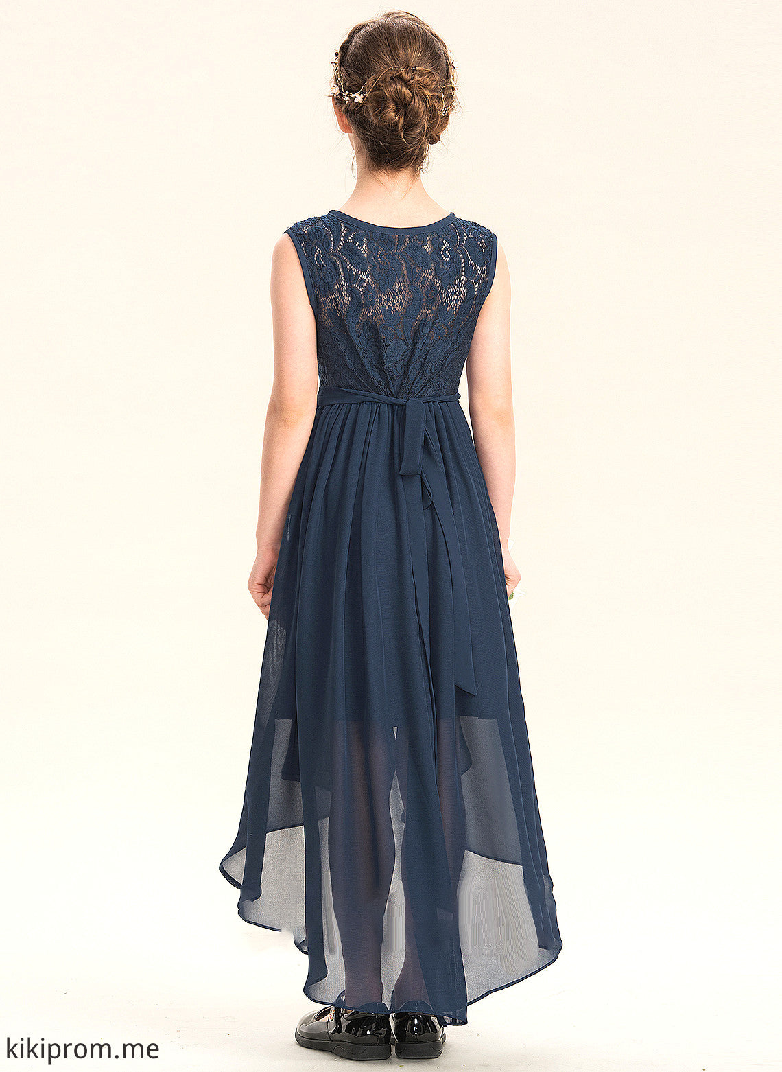 With Neck Chiffon Junior Bridesmaid Dresses Charlee A-Line Scoop Bow(s) Cascading Asymmetrical Ruffles Lace