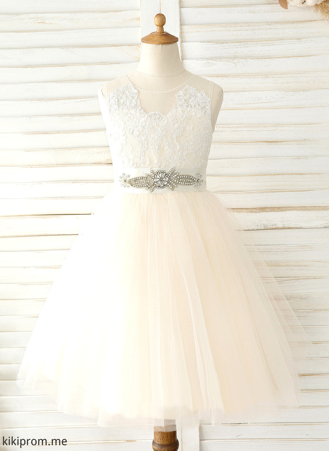 Tulle/Lace Flower Girl Dresses Scoop A-Line Sleeveless Bow(s) Dress - Knee-length With Shannon Flower Girl Neck