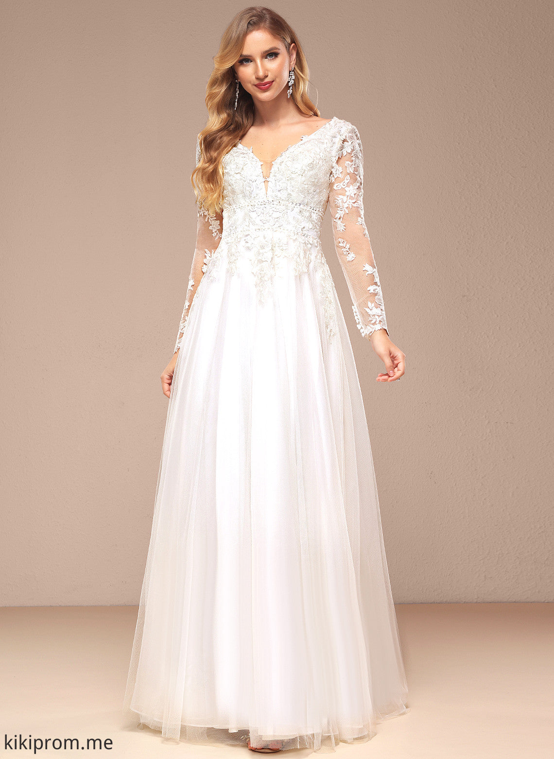 With Beading A-Line Sequins Lace Wedding Dresses Floor-Length Wedding Val Dress Tulle V-neck