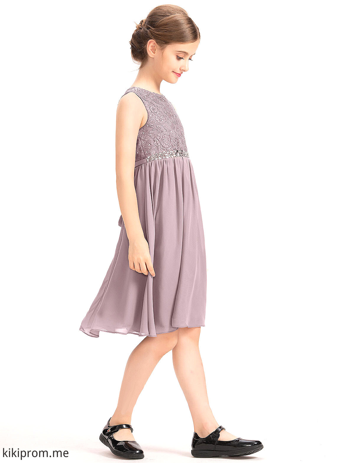 With Neck Scoop Bow(s) A-Line Junior Bridesmaid Dresses Jewel Knee-Length Beading Chiffon Lace