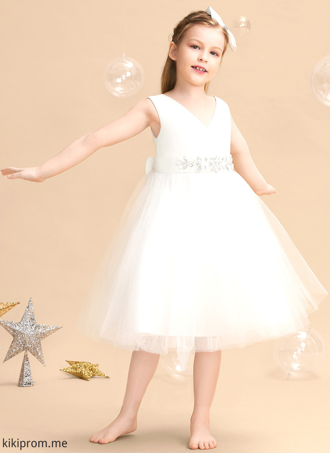 V-neck Flower Millicent Flower Girl Dresses With Sleeveless A-Line Girl Satin/Tulle - Dress Bow(s) Knee-length