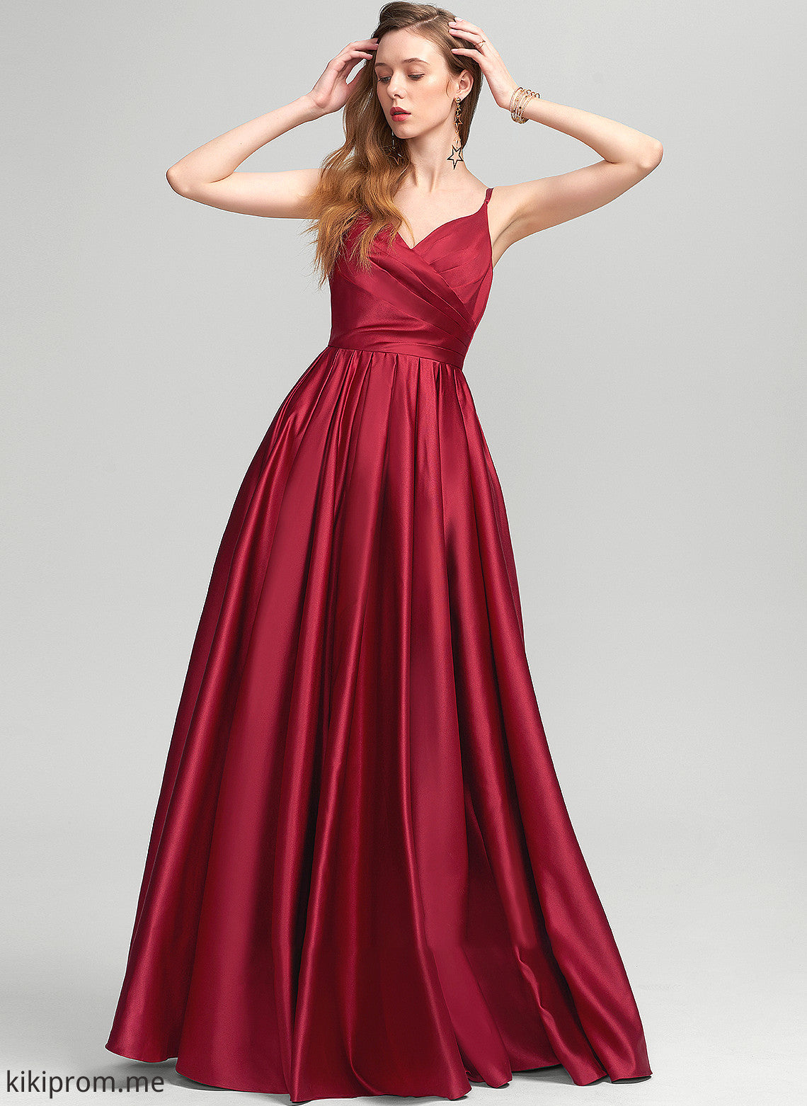 With Pockets A-Line Ruffle V-neck Prom Dresses Jordyn Satin Floor-Length