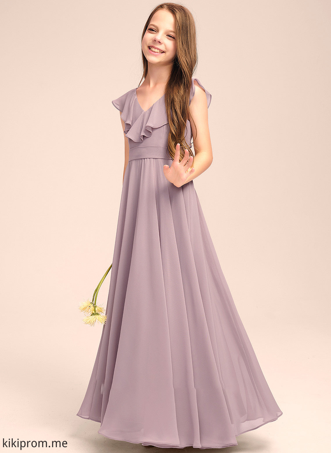 With Chiffon Evangeline Cascading Junior Bridesmaid Dresses Ruffles A-Line Floor-Length V-neck