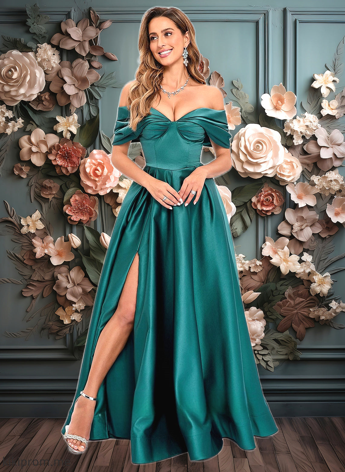 Terri A-line Off the Shoulder Floor-Length Satin Prom Dresses With Pleated HFP0025851