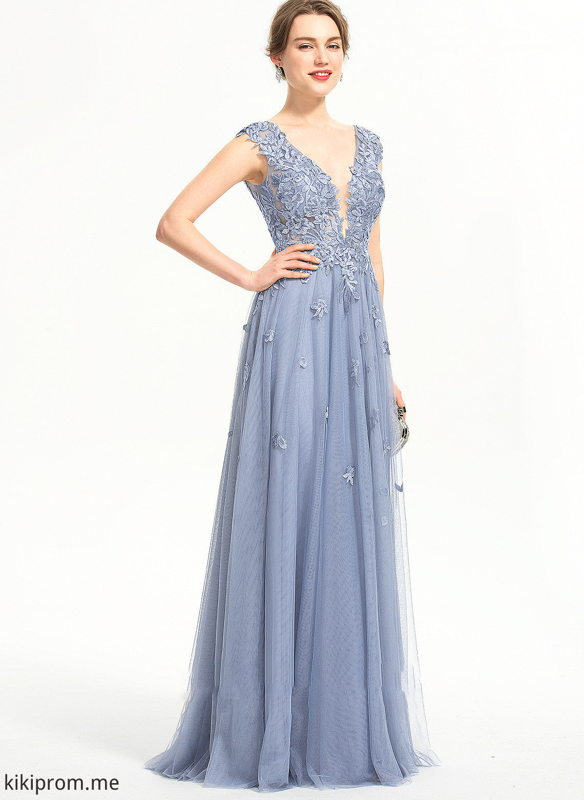 With V-neck Tulle Sequins A-Line Split Floor-Length Aniya Front Prom Dresses