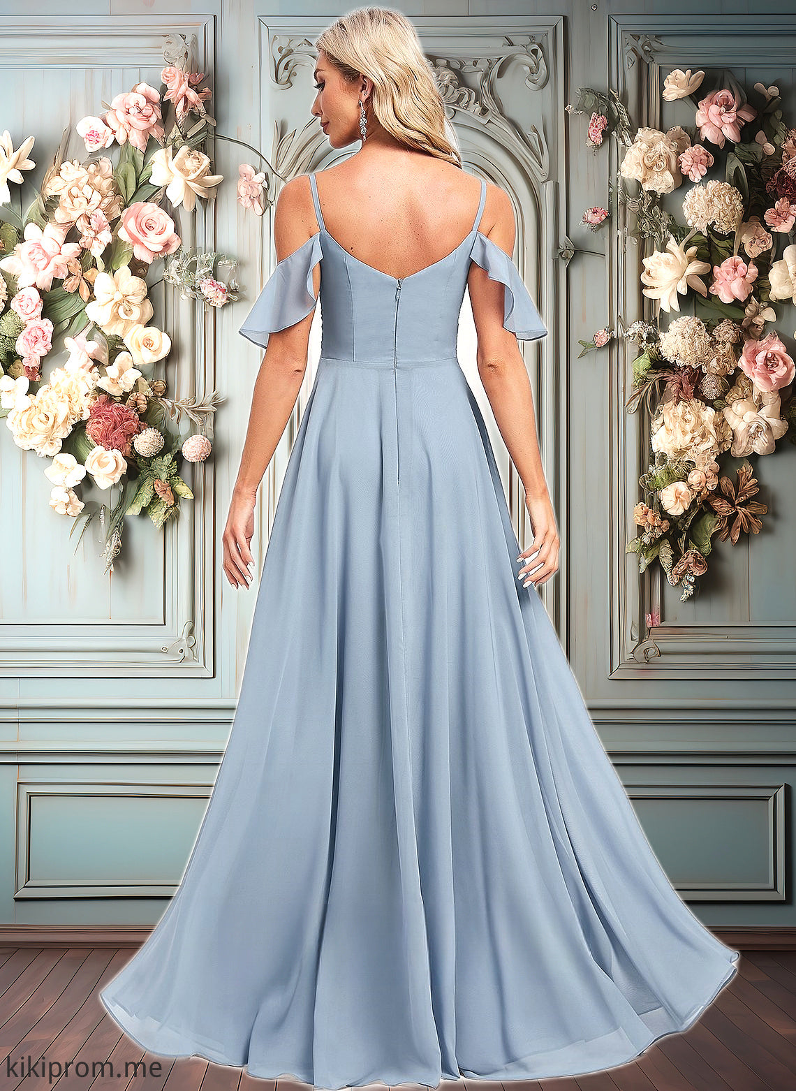 Carly A-line Cold Shoulder Floor-Length Chiffon Bridesmaid Dress With Ruffle HFP0025797