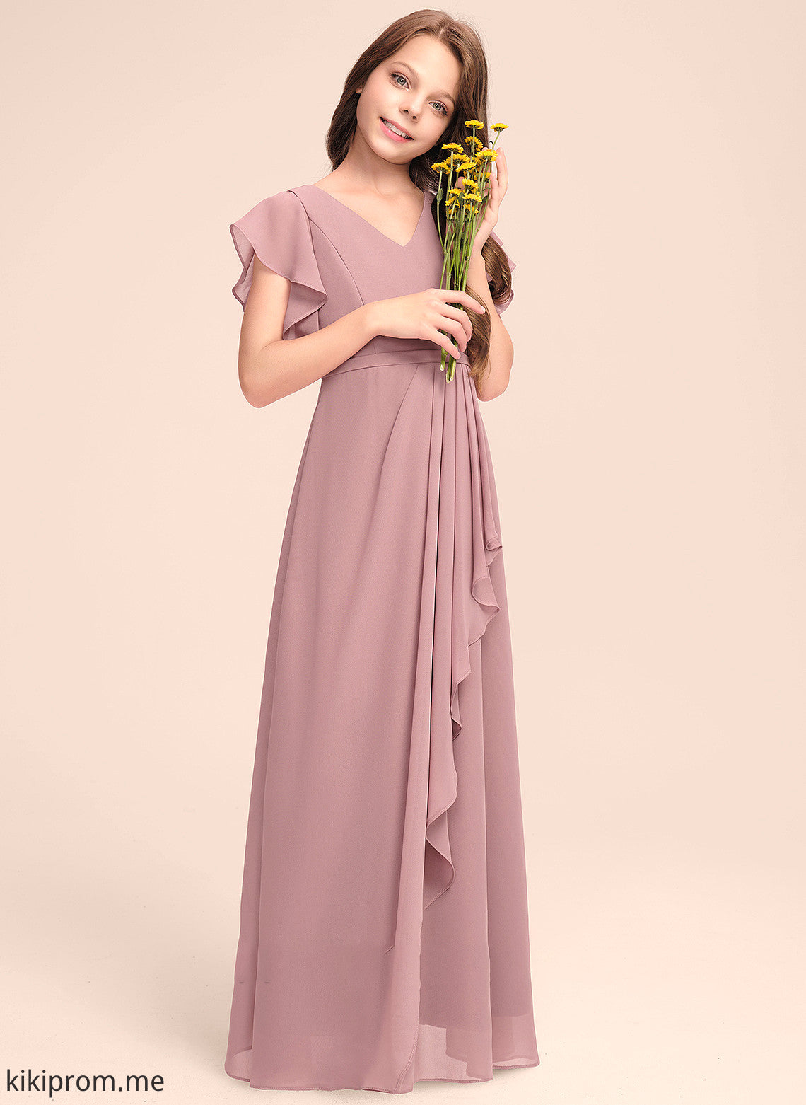 With Junior Bridesmaid Dresses V-neck Maud Chiffon Cascading Ruffles A-Line Floor-Length