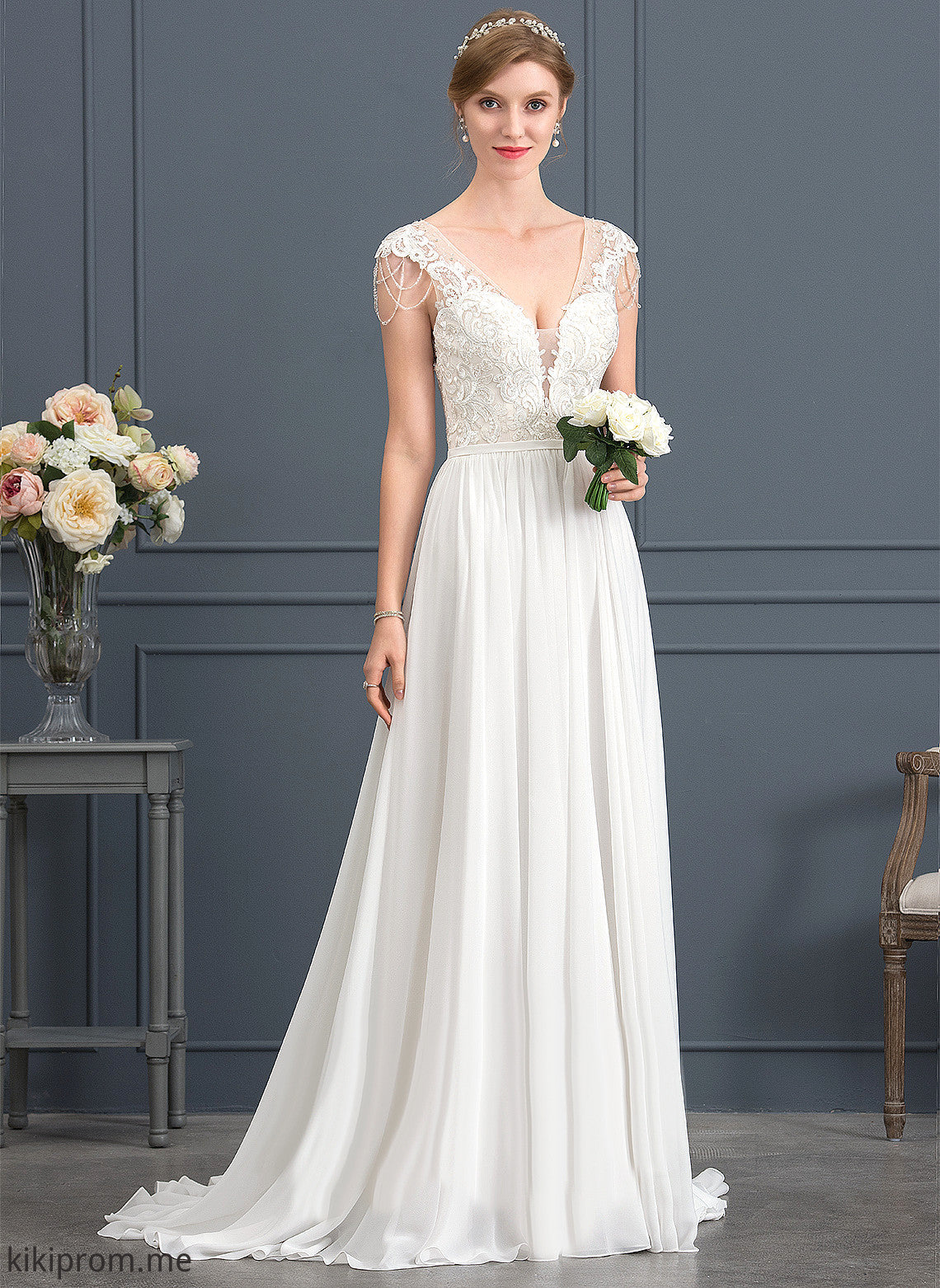 V-neck Sweep Paulina With Wedding Dresses Lace Train Sequins A-Line Dress Wedding Chiffon Beading