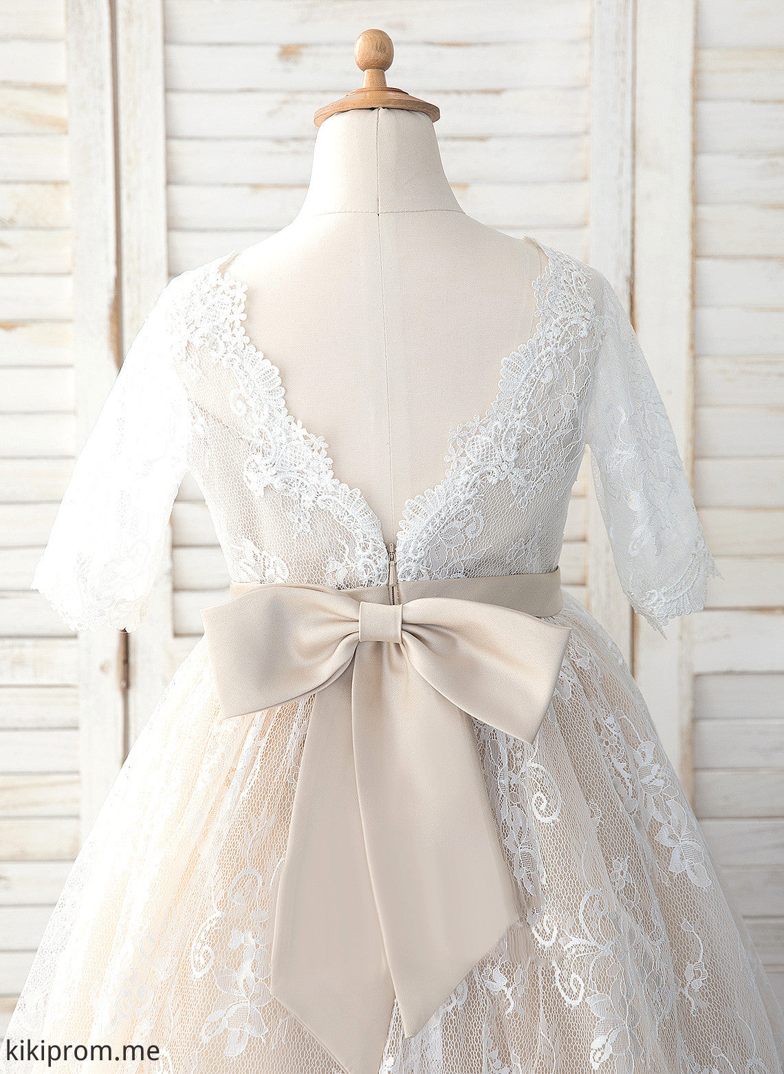 Neck Flower Girl A-Line Dixie Bow(s) With Sleeves Dress - 3/4 Scoop Tea-length Tulle/Lace Flower Girl Dresses