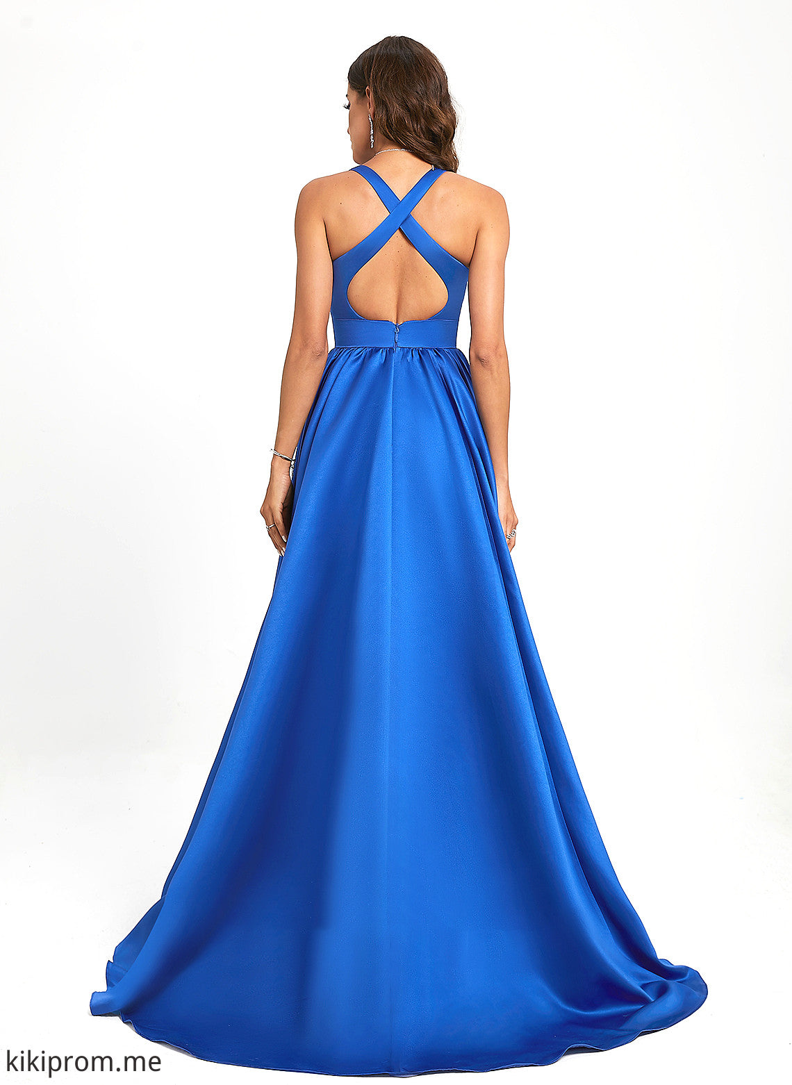 Kylie Train Neck Scoop Satin Sweep Prom Dresses A-Line