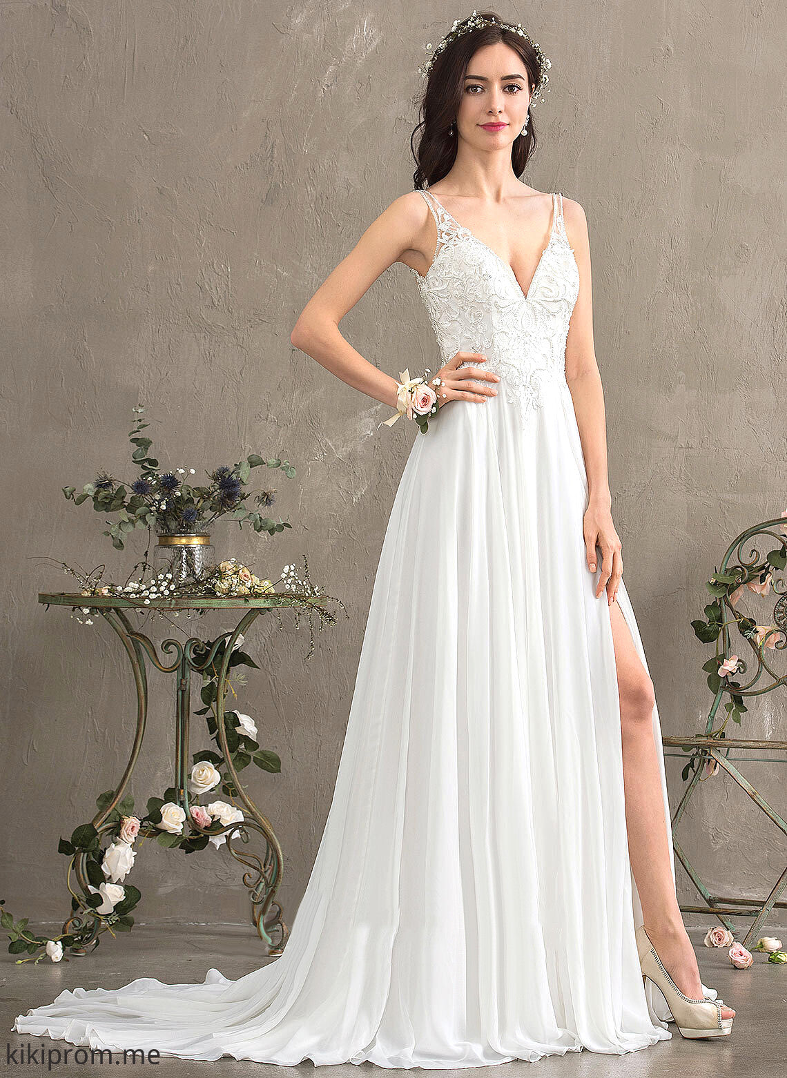 Beading Lace With Wedding Wedding Dresses Chiffon Dress Sweep A-Line Split Chelsea V-neck Front Train Sequins