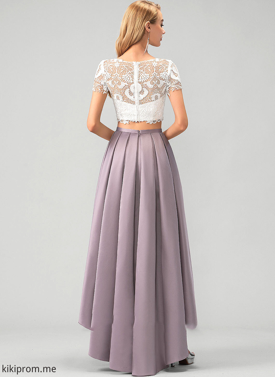 With Neck Asymmetrical A-Line Satin Elizabeth Lace Prom Dresses Scoop Pockets