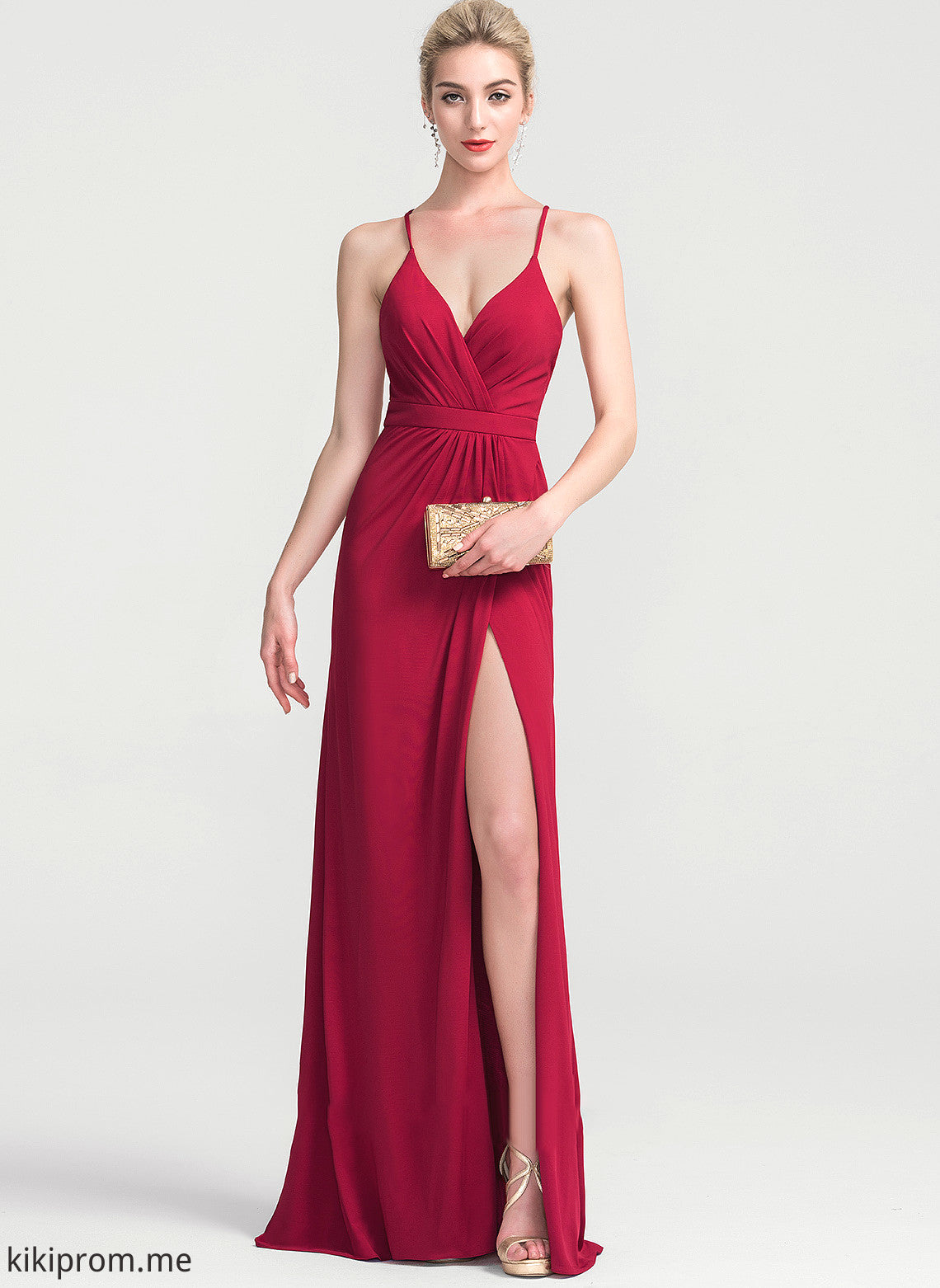 With Kaitlin Ruffle V-neck Floor-Length Jersey Sheath/Column Prom Dresses