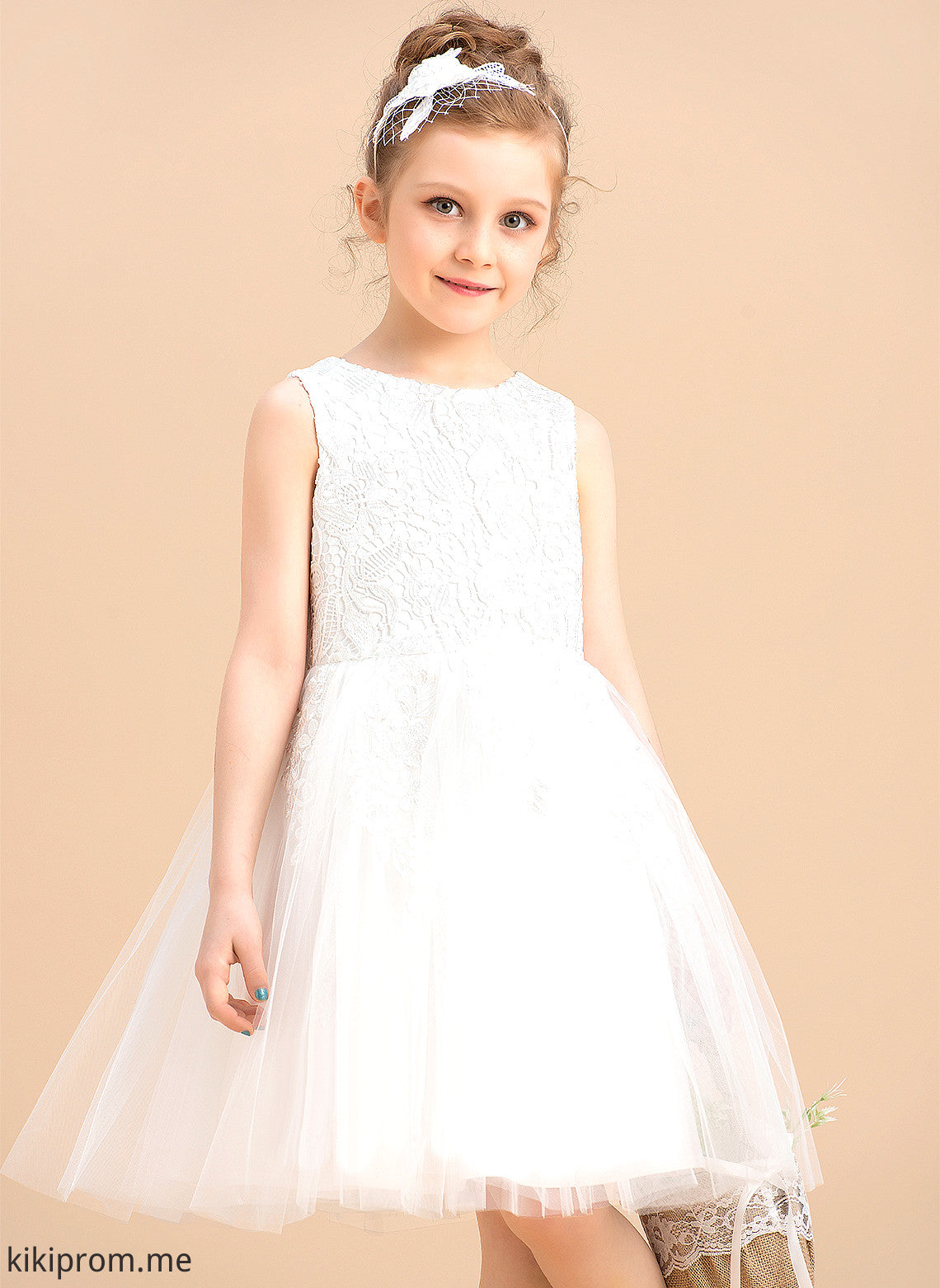 Flower Girl Dresses A-Line Tulle/Lace Scoop - Lace/Bow(s) With Flower Girl Dress Sleeveless Tia Neck Knee-length