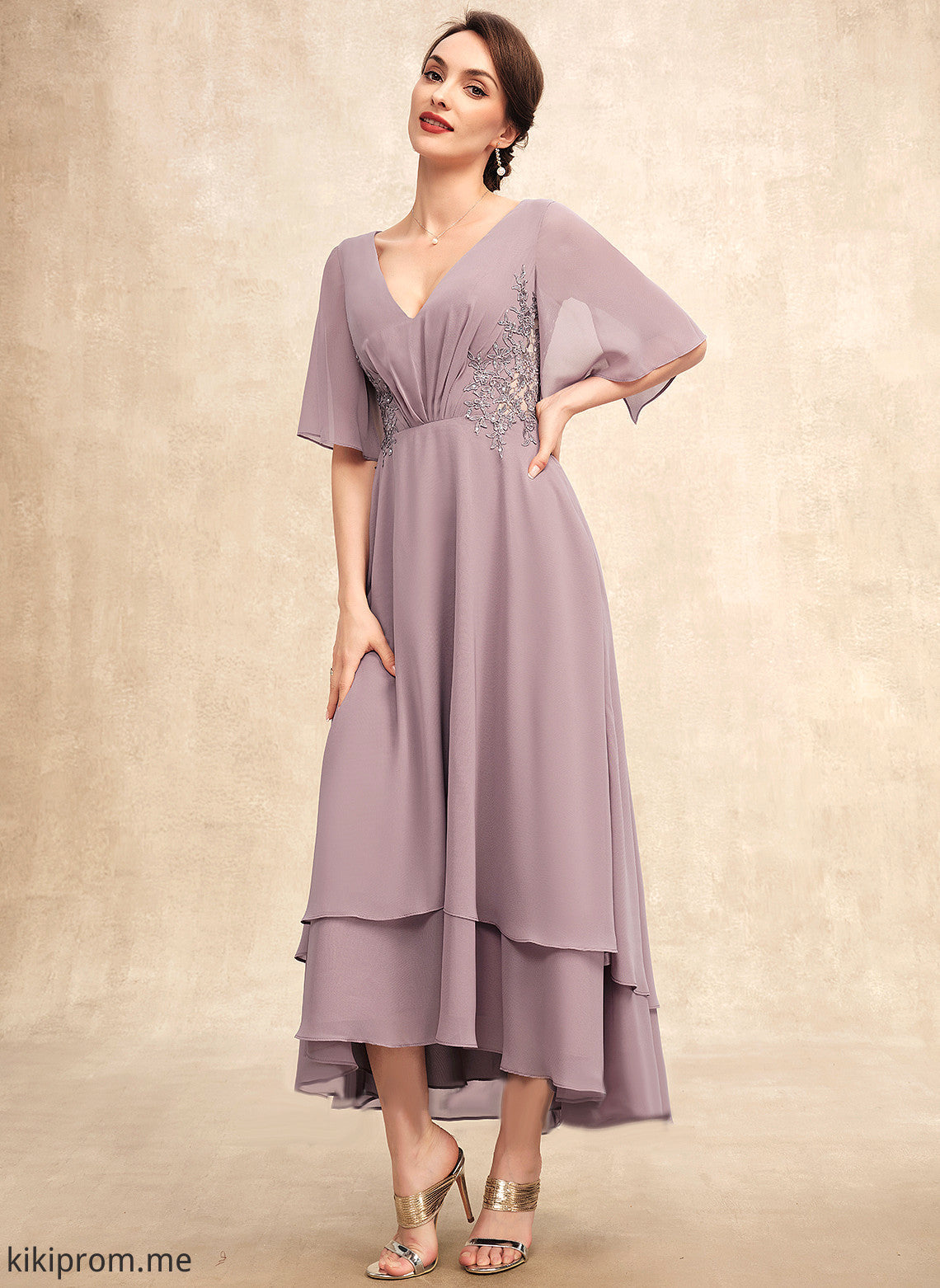 Mother of the Bride Dresses Lace Beading Chiffon With Asymmetrical A-Line Dress Mother Bride of Ruffle Lyric the V-neck