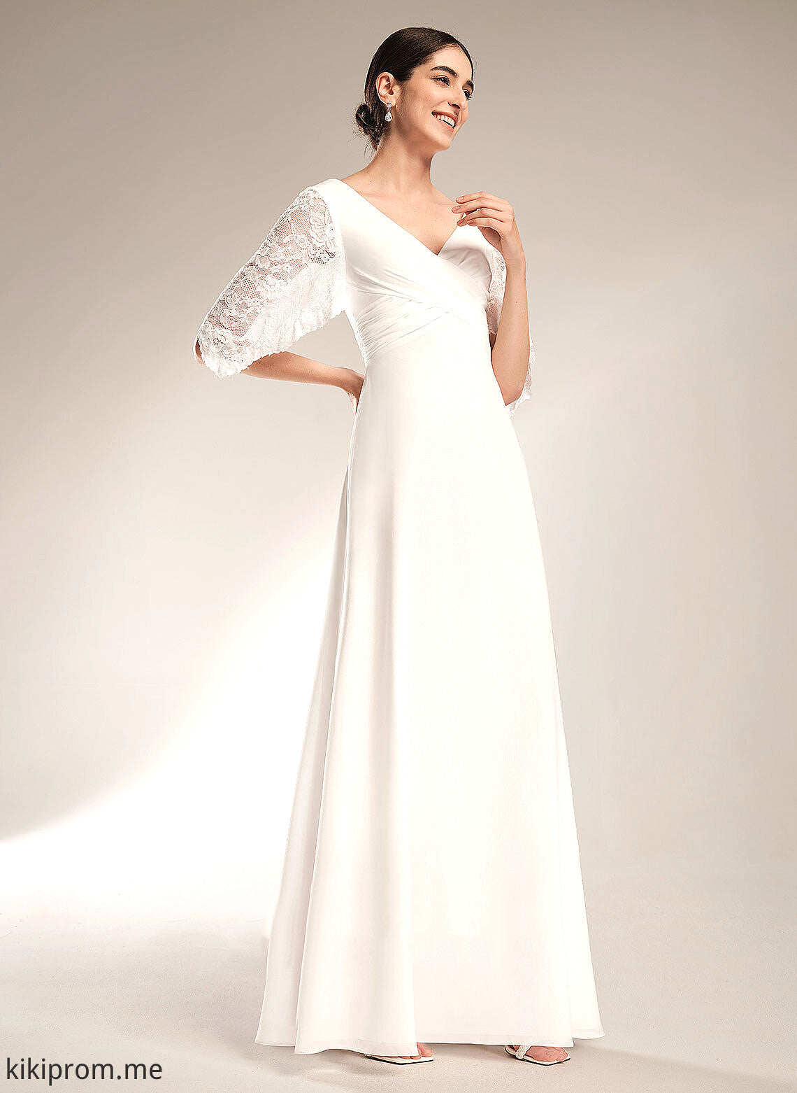 Lace Floor-Length Londyn With Wedding Dresses Wedding Sheath/Column V-neck Chiffon Dress