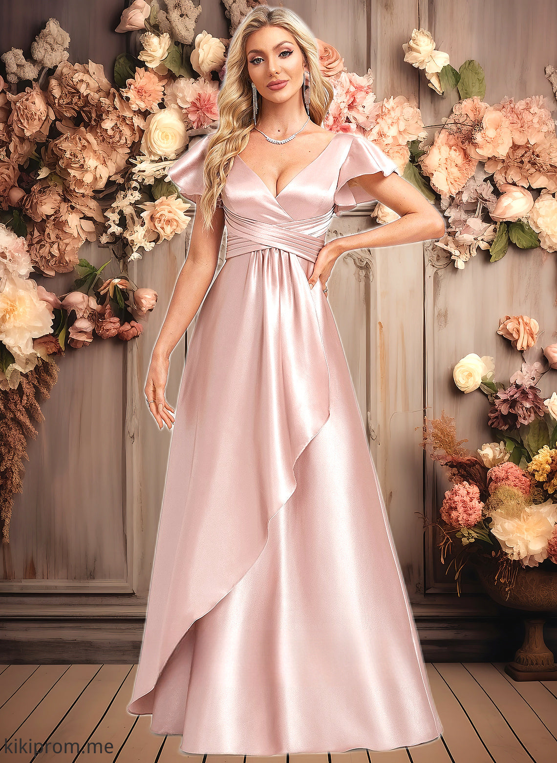 Uerica A-line V-Neck Floor-Length Stretch Satin Bridesmaid Dress With Ruffle HFP0025787