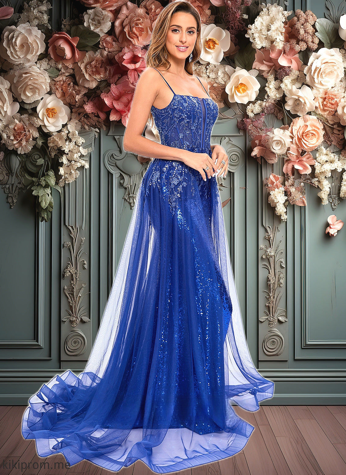 Kamari Trumpet/Mermaid Straight Sweep Train Tulle Sequin Prom Dresses With Sequins Appliques Lace HFP0025857