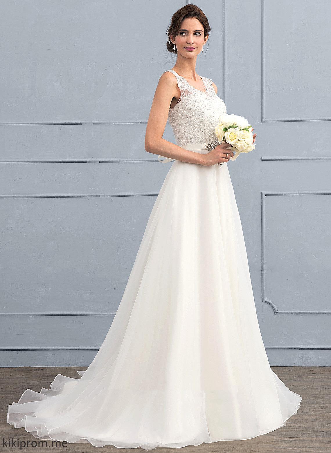 V-neck Organza Faith Train A-Line Lace Wedding Dresses Sweep Beading Bow(s) Dress With Wedding