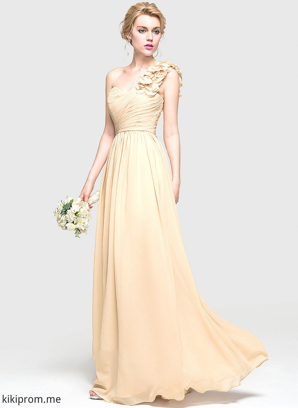 A-Line Kailey Floor-Length One-Shoulder Flower(s) Prom Dresses With Chiffon Ruffle