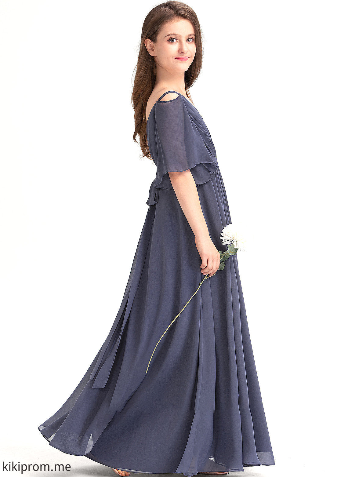 With Floor-Length Kaylyn A-Line Bow(s) Off-the-Shoulder Chiffon Junior Bridesmaid Dresses Ruffle