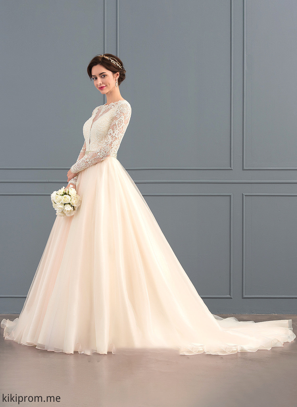 With Amirah Scoop Train Wedding Dresses Wedding Tulle Dress Chapel Ball-Gown/Princess Neck Beading