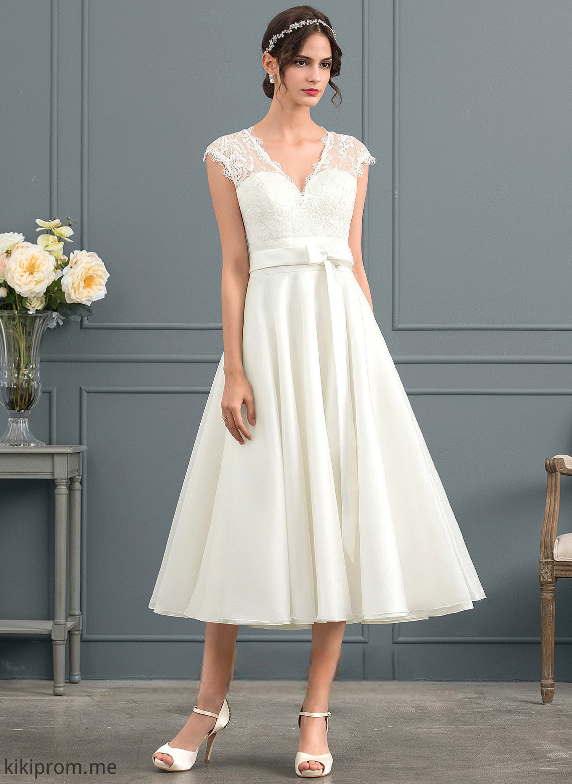 Bow(s) Tea-Length Lace With Satin Dress Wedding A-Line V-neck Fatima Wedding Dresses