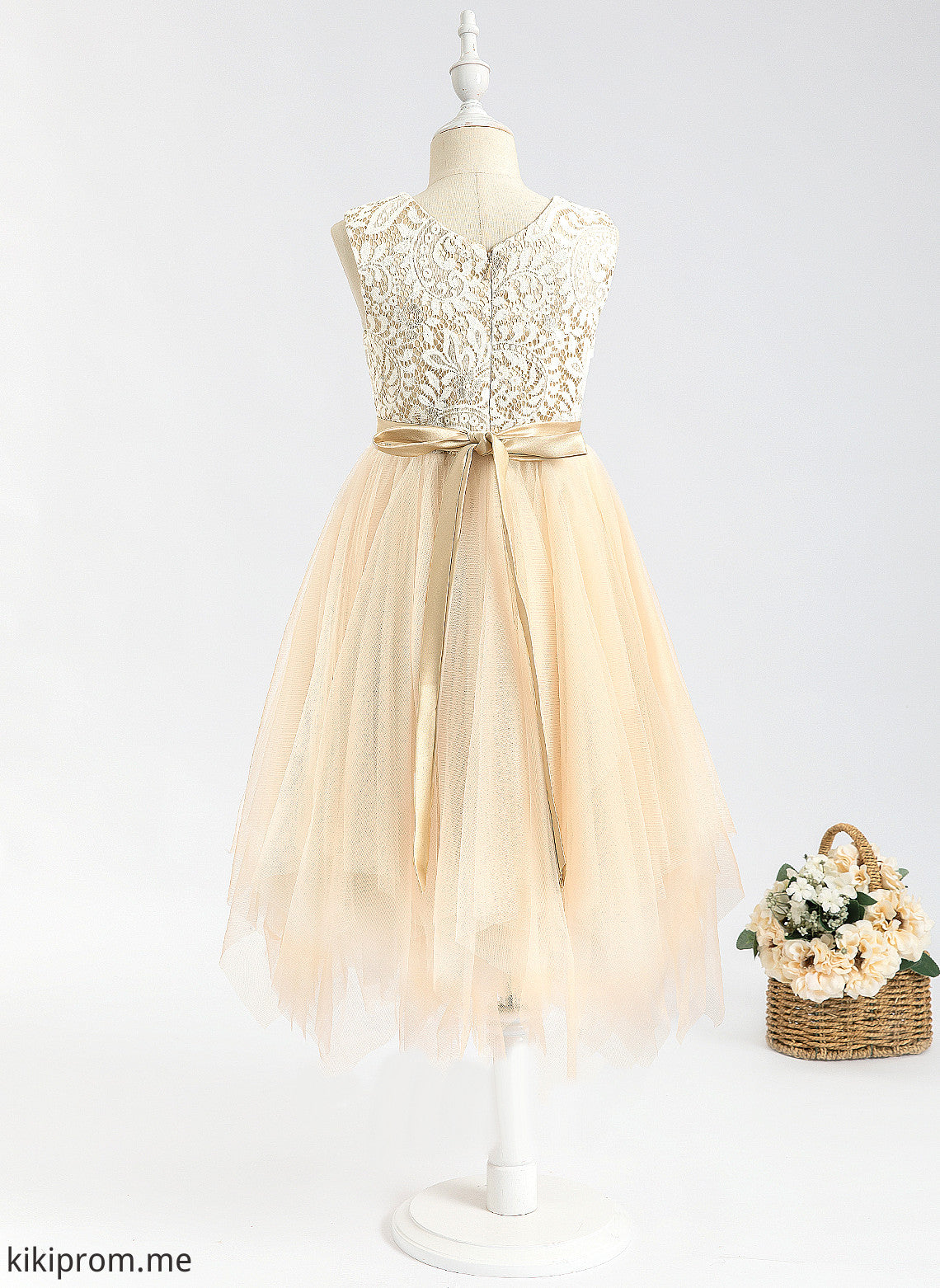 Girl Tulle Neck Tea-length Dress - Flower Lace/Bow(s) Lauryn Sleeveless With A-Line Scalloped Flower Girl Dresses