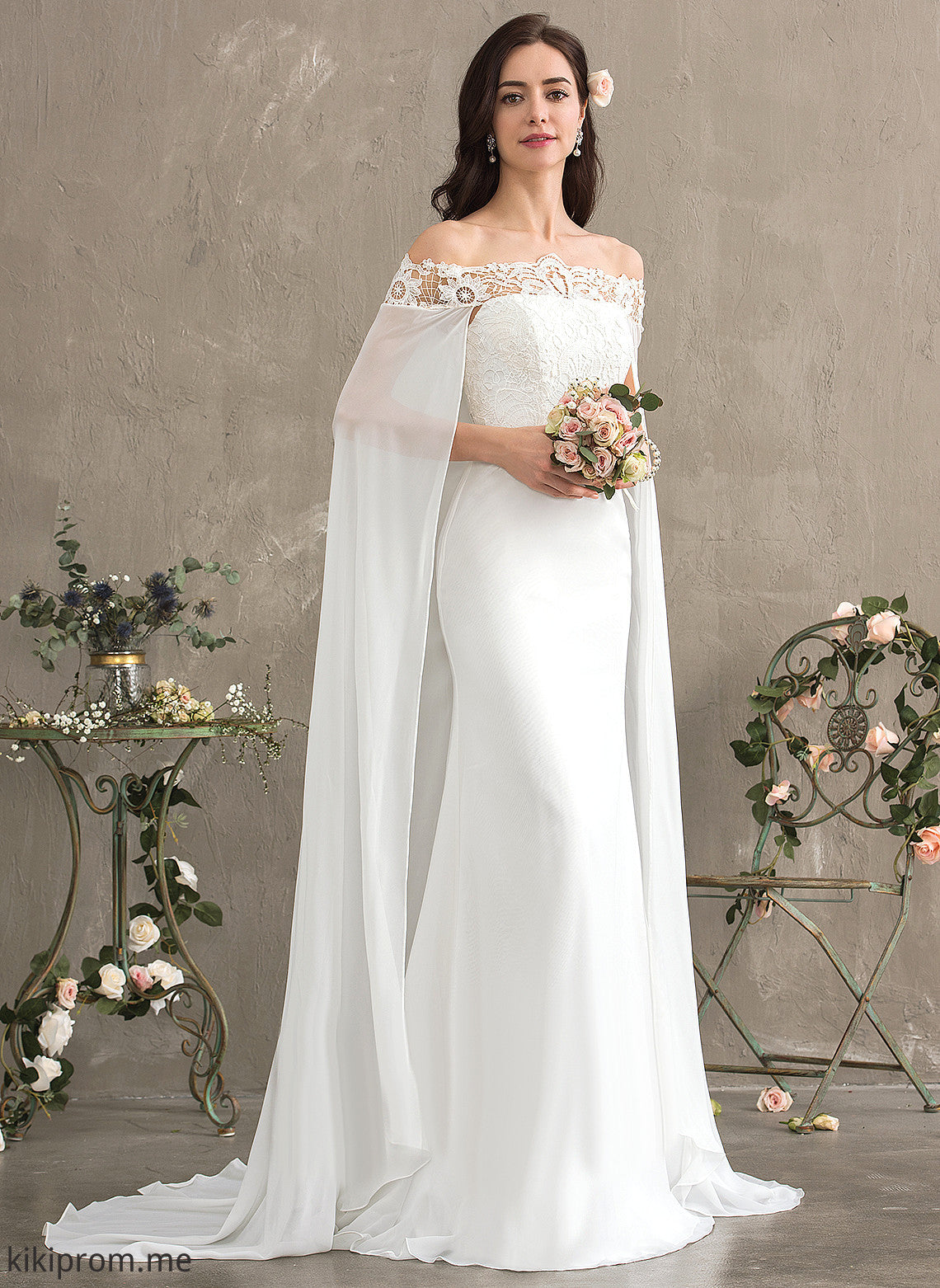 Wedding Dresses Court Lace Train With Sheath/Column Chiffon Lace Off-the-Shoulder Wedding Evangeline Dress