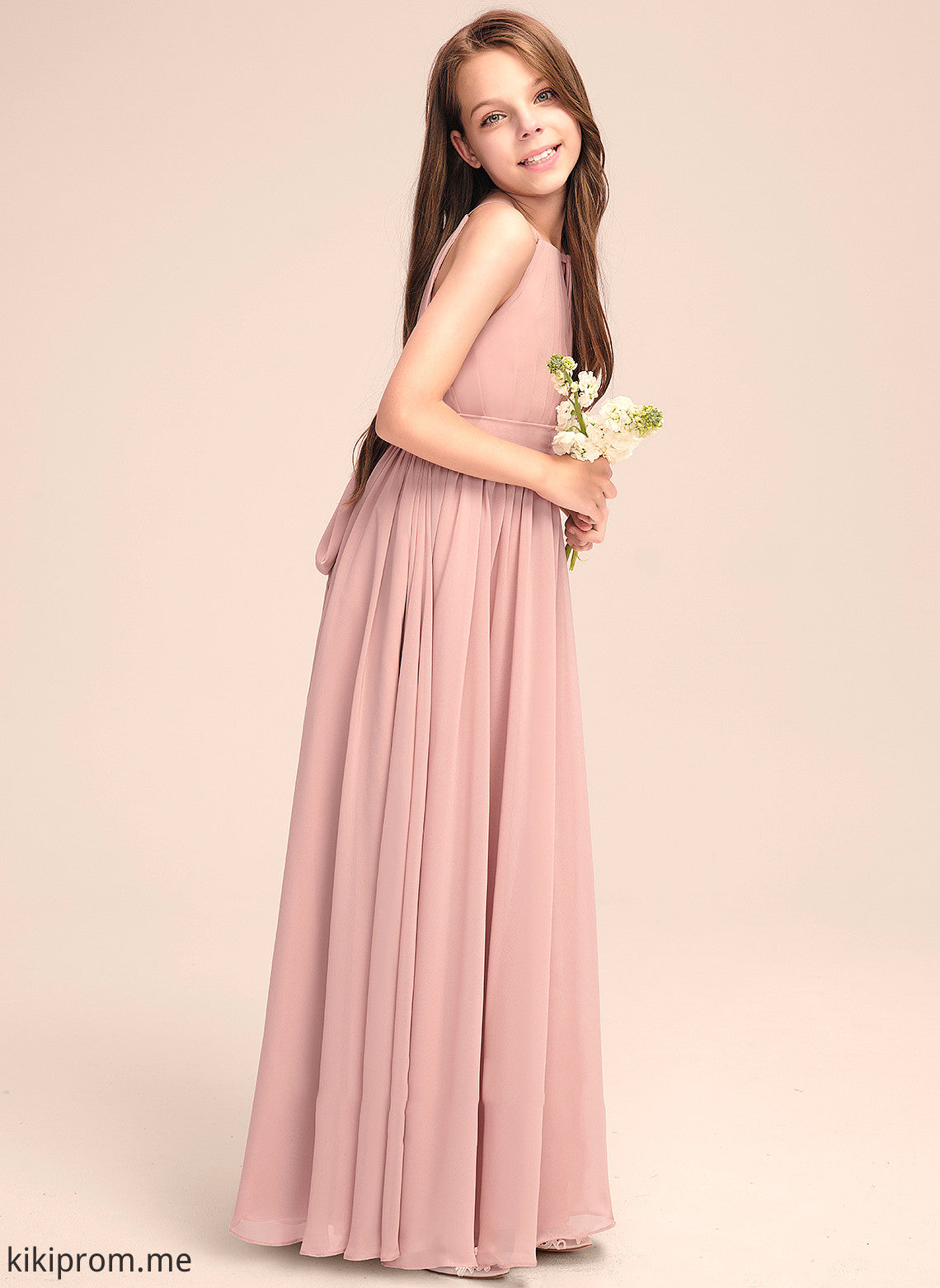 With Junior Bridesmaid Dresses Bow(s) Ruffle Chiffon Neck A-Line Ariel Floor-Length Scoop