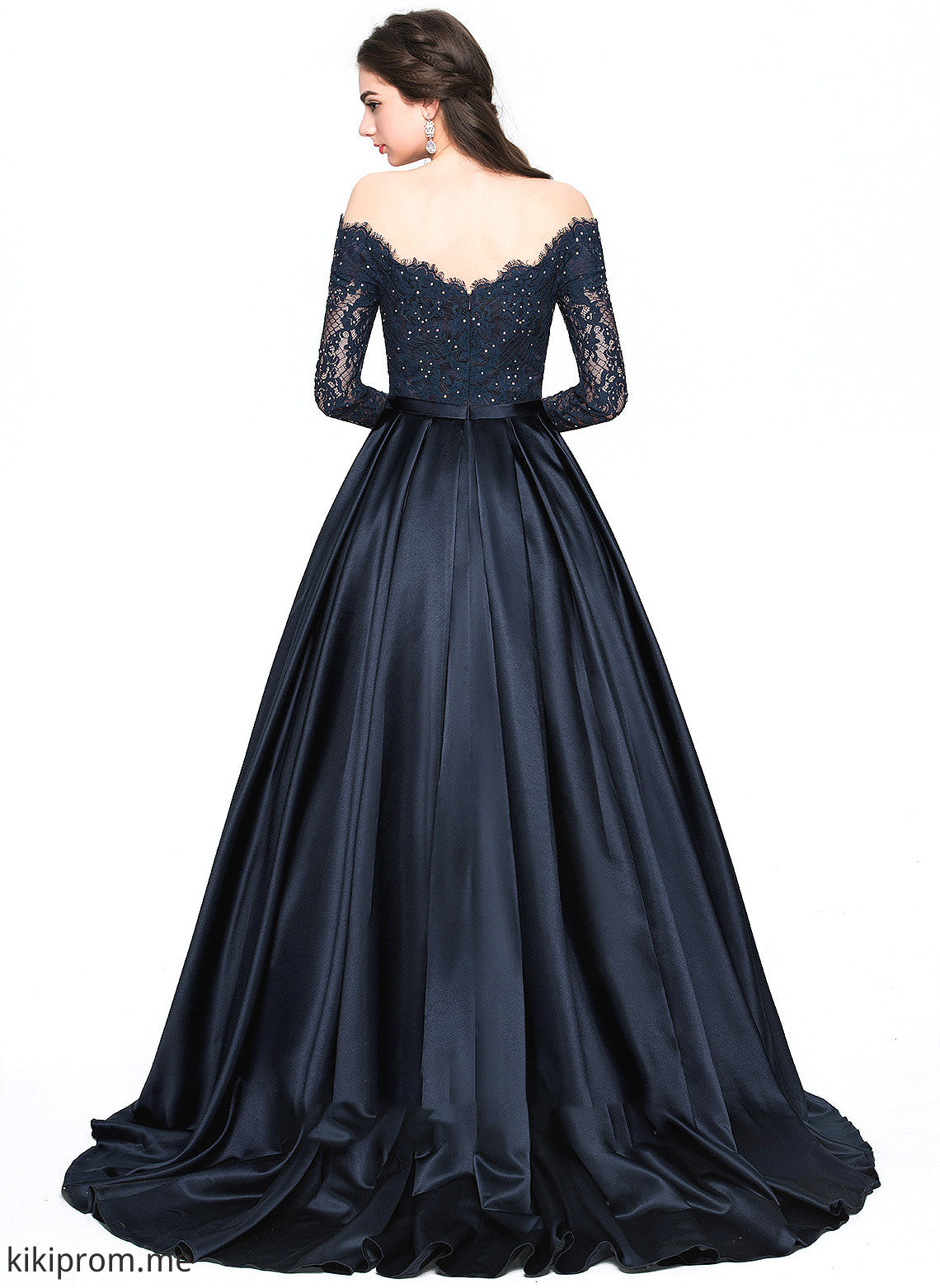 With Prom Dresses Beading Satin Train Ball-Gown/Princess Averie Off-the-Shoulder Sweep