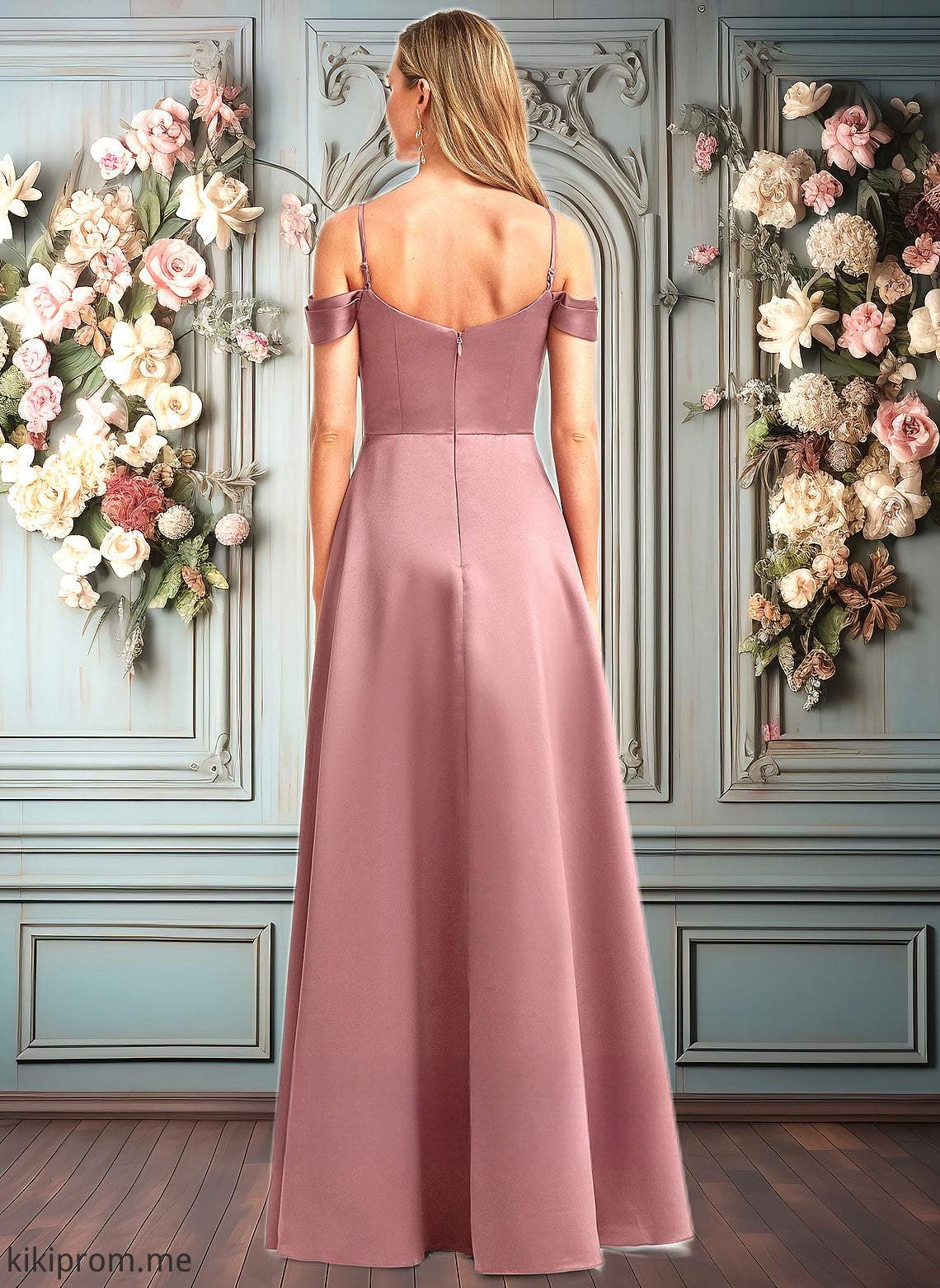 Emmy A-line Cold Shoulder Floor-Length Satin Bridesmaid Dress HFP0025750