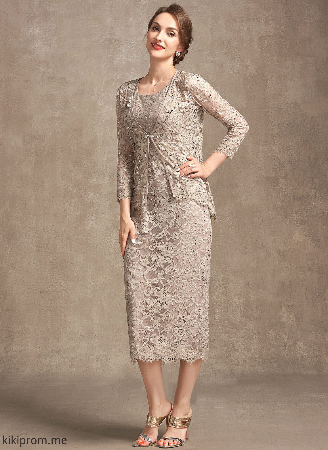 Mother of the Bride Dresses Scoop Pat With Sheath/Column Lace Dress Sequins of Bride Neck Mother the Tea-Length