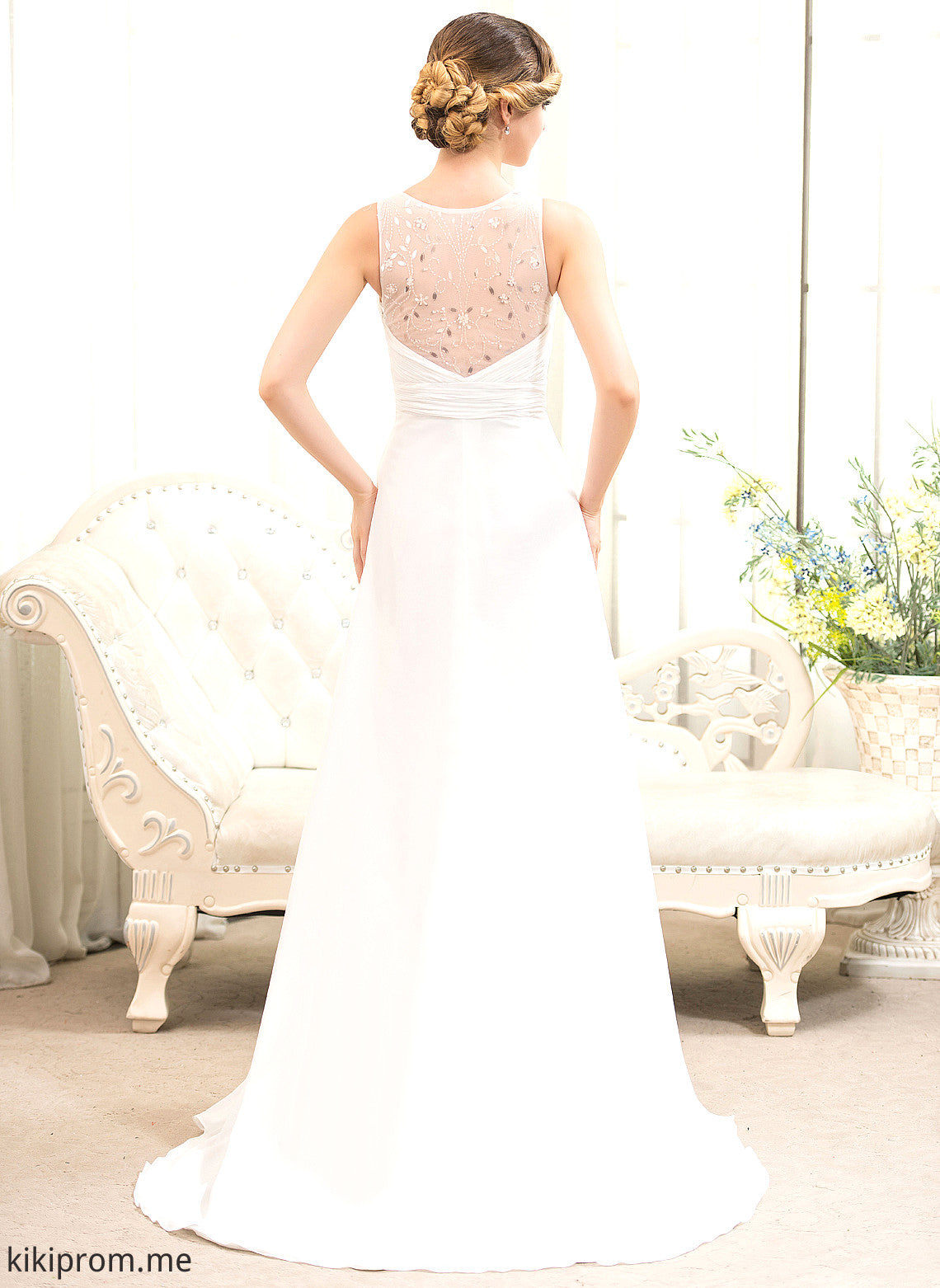 Chiffon Wedding Dresses Cascading A-Line Beading V-neck Adeline Train With Wedding Ruffles Sweep Dress Tulle Sequins