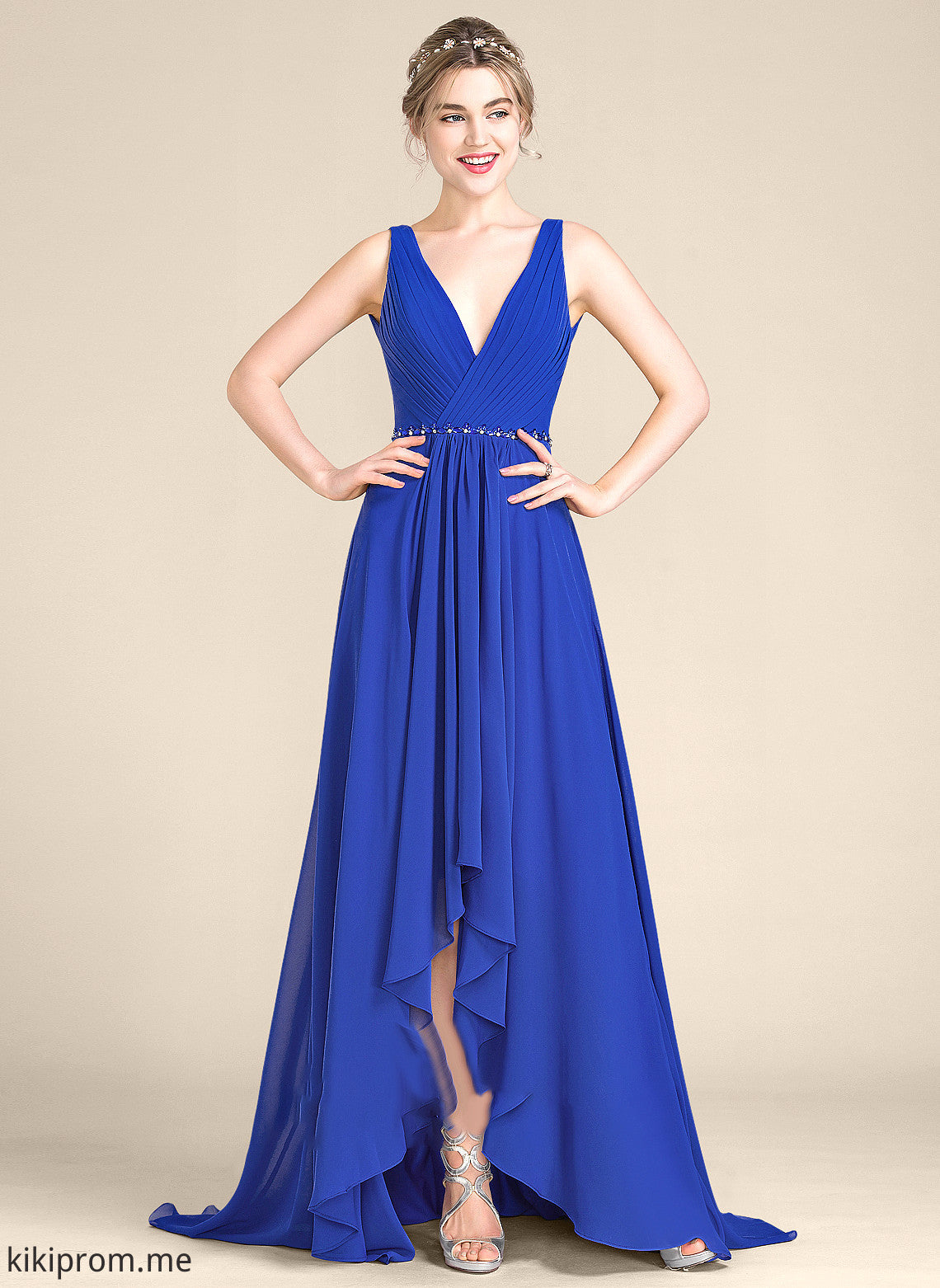 Asymmetrical Chiffon V-neck Prom Dresses Sequins Haven Ruffle With A-Line Beading