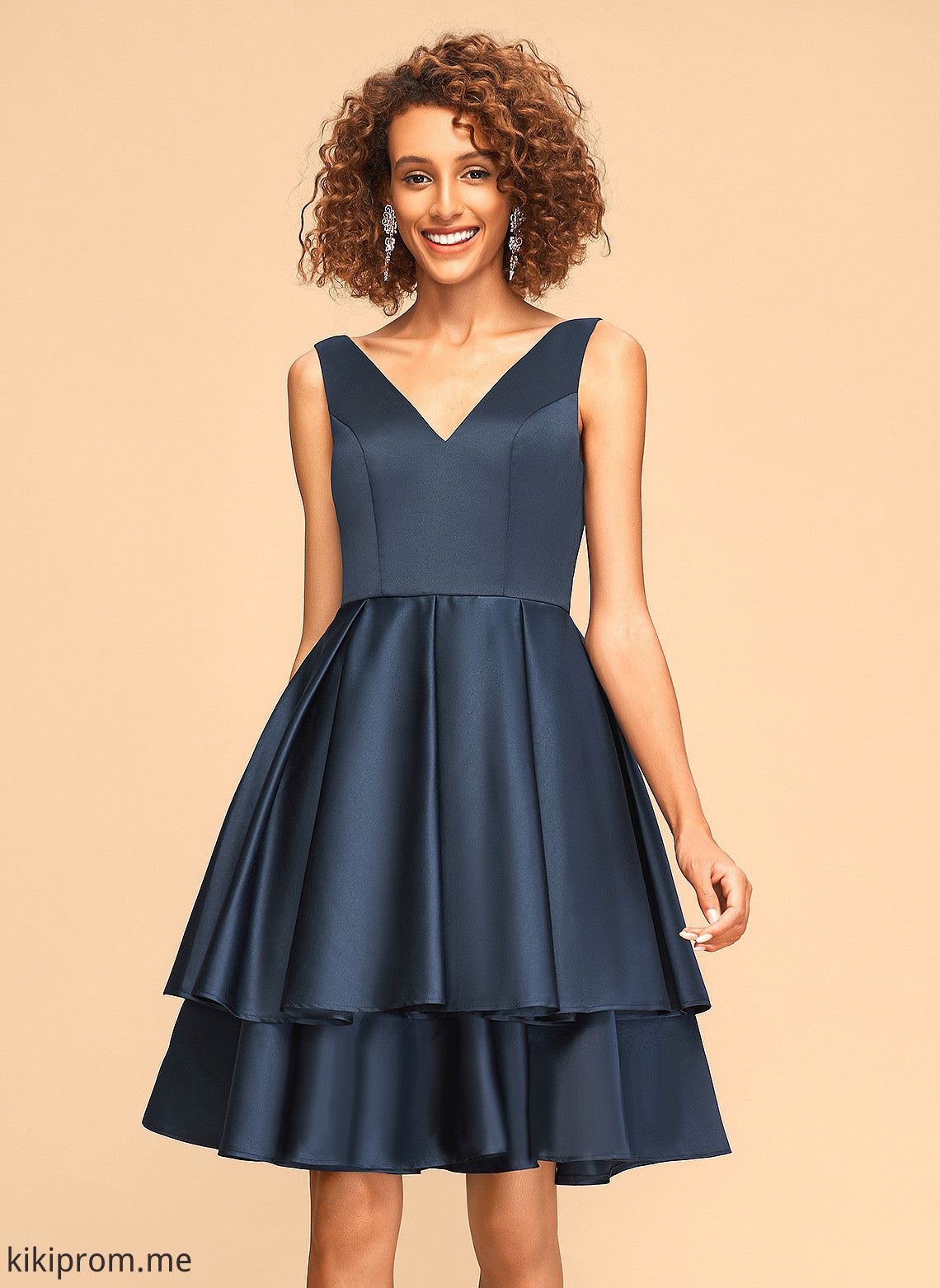 Melody A-Line Homecoming Dresses Dress V-neck Knee-Length Satin Homecoming