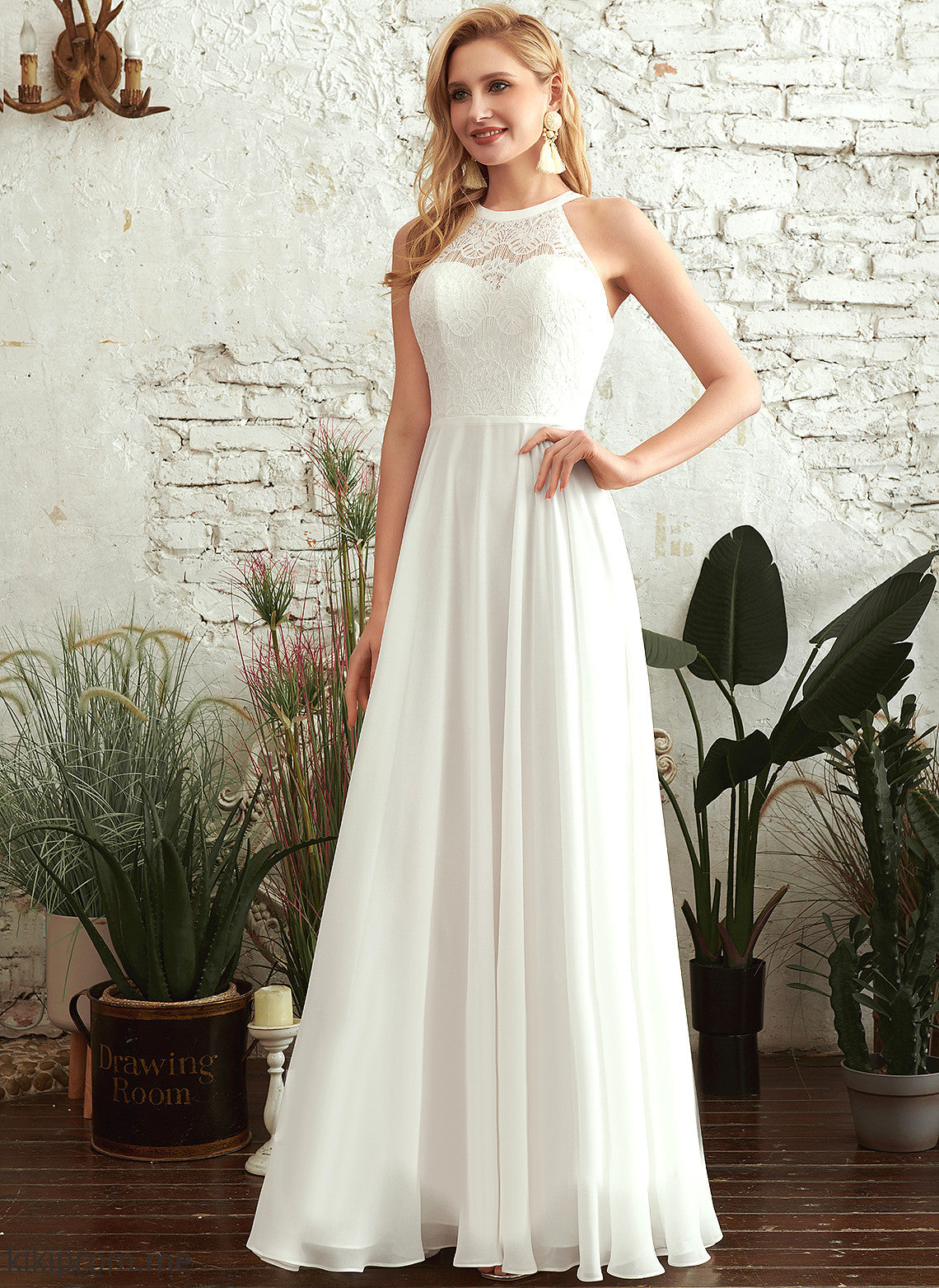 Chiffon Neck A-Line Floor-Length Wedding Dresses Wedding Dress Scoop Nevaeh Lace