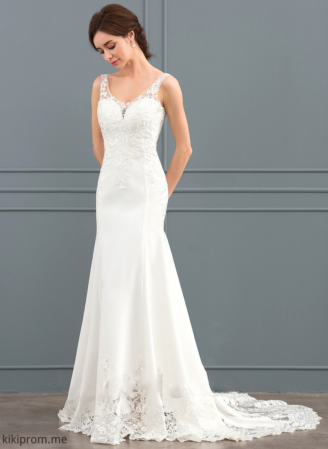 With Crepe Presley Dress Train Trumpet/Mermaid Lace Wedding Dresses Stretch V-neck Wedding Sequins Court