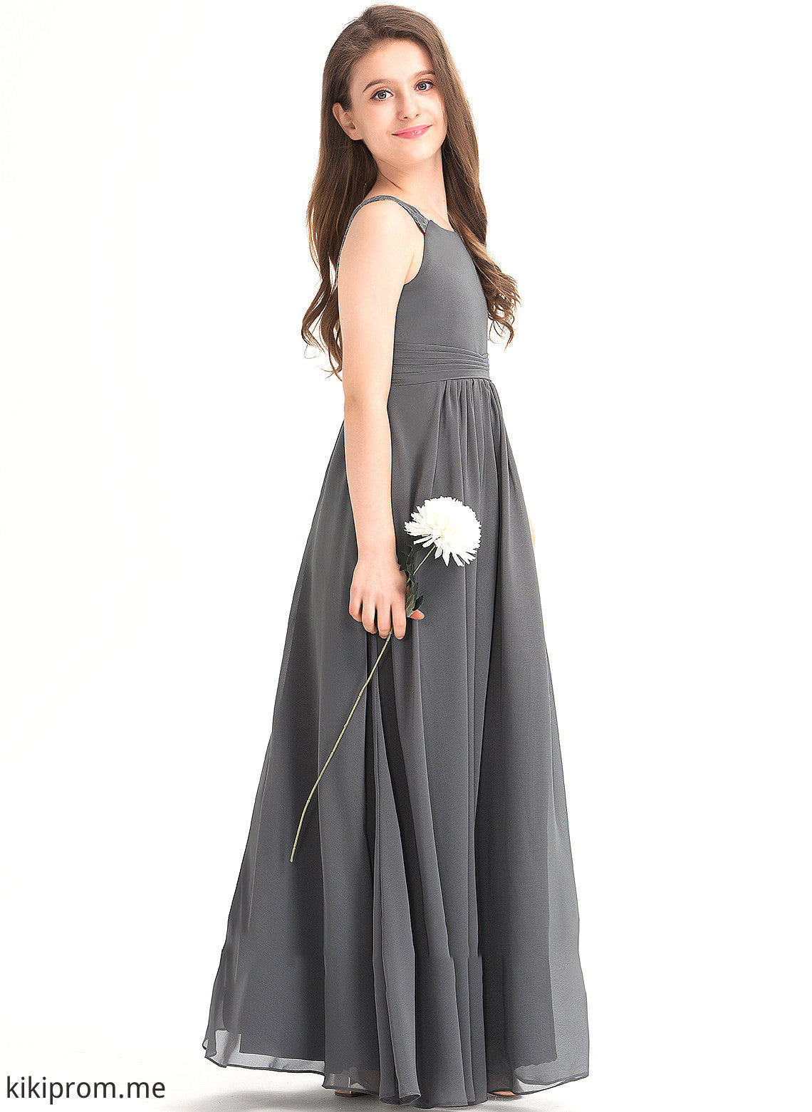 With Reese Lace Junior Bridesmaid Dresses Ruffle Floor-Length Chiffon A-Line Neck Scoop