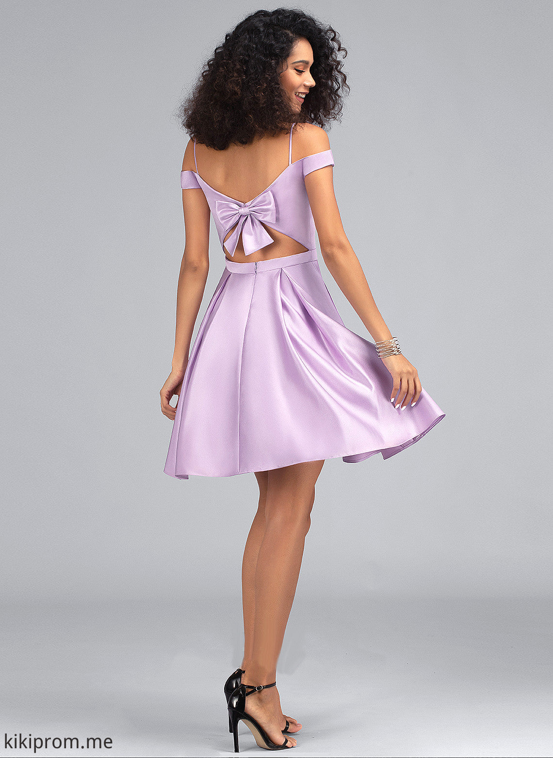 With Satin Short/Mini Pockets Bow(s) Off-the-Shoulder Maddison Homecoming Dresses Homecoming Dress A-Line