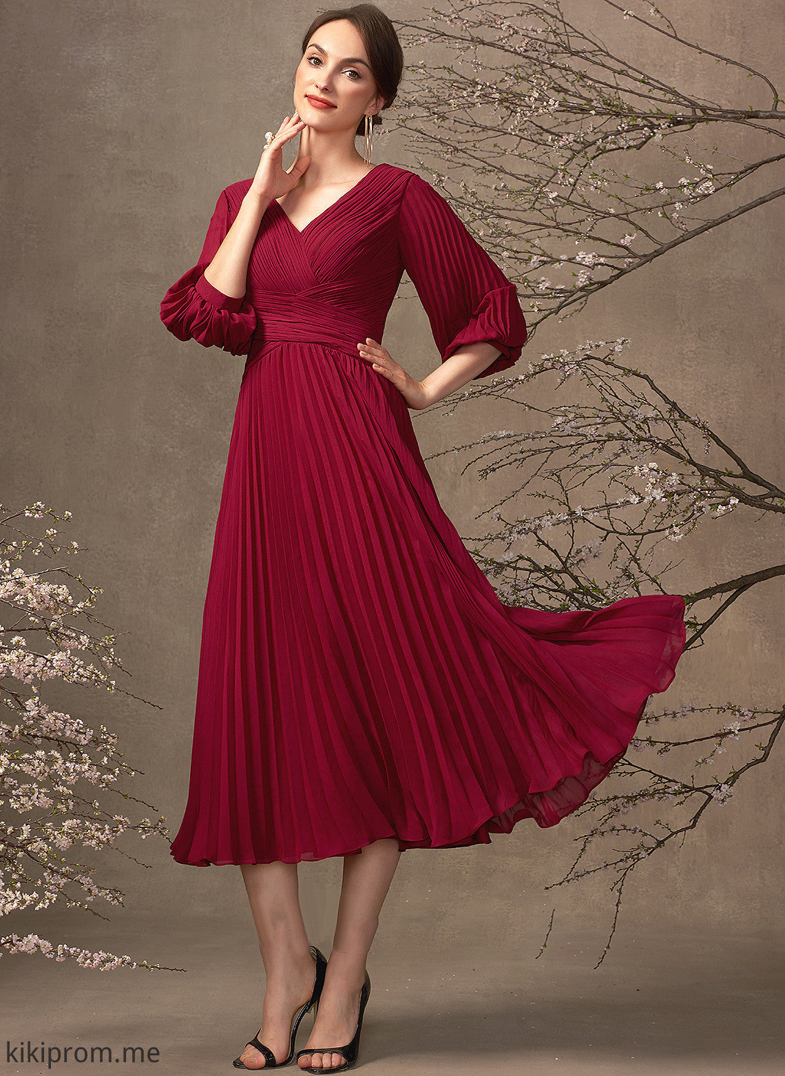 Bride Dress V-neck the With Chiffon of Mother Pleated Tea-Length Heidi A-Line Mother of the Bride Dresses