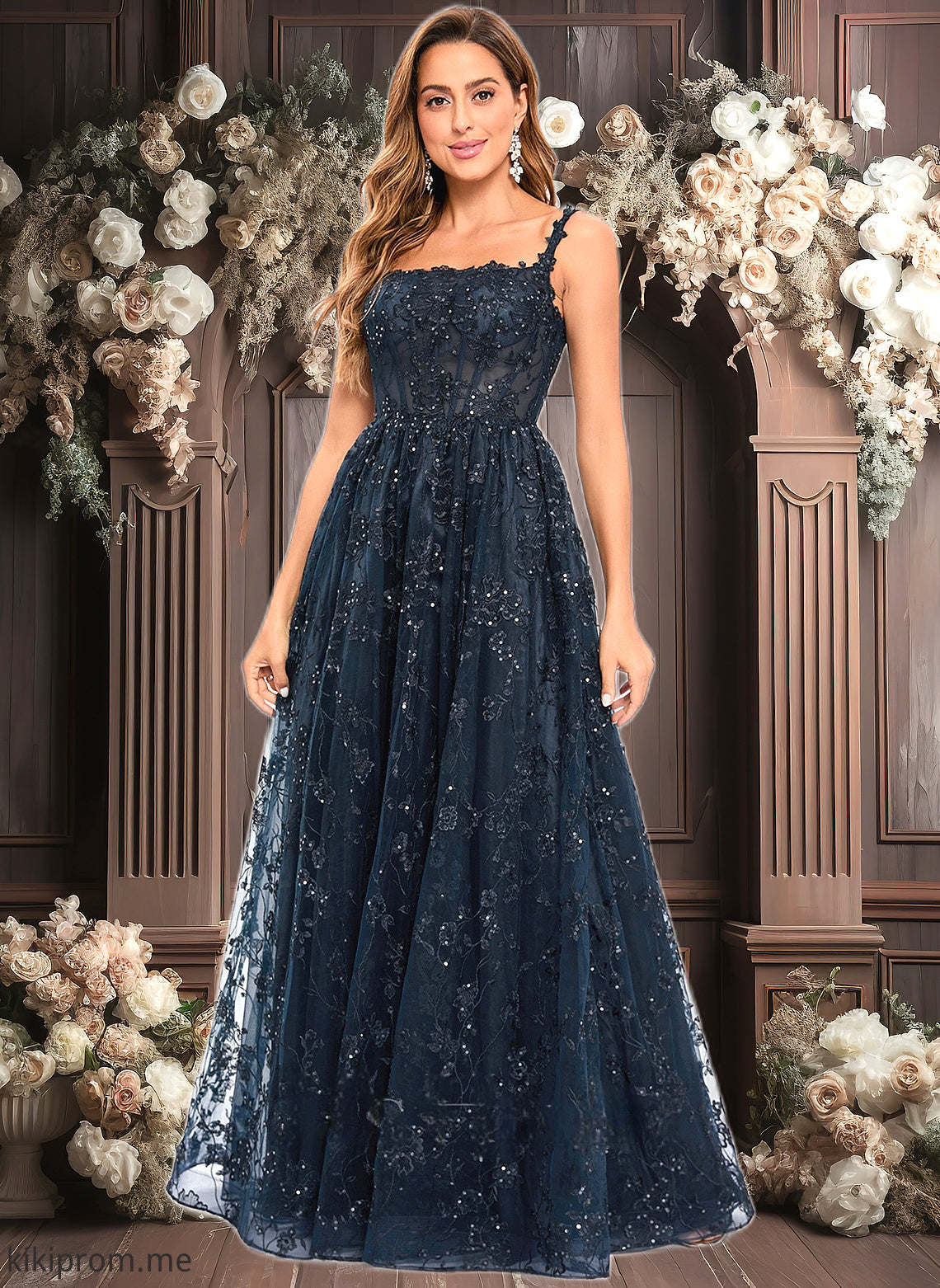 Scarlet A-line Square Floor-Length Organza Lace Floral Prom Dresses With Sequins HFP0025844