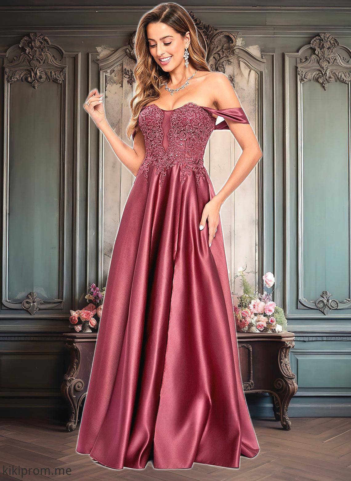 Gretchen A-line Off the Shoulder Floor-Length Satin Lace Prom Dresses With Sequins HFP0025841