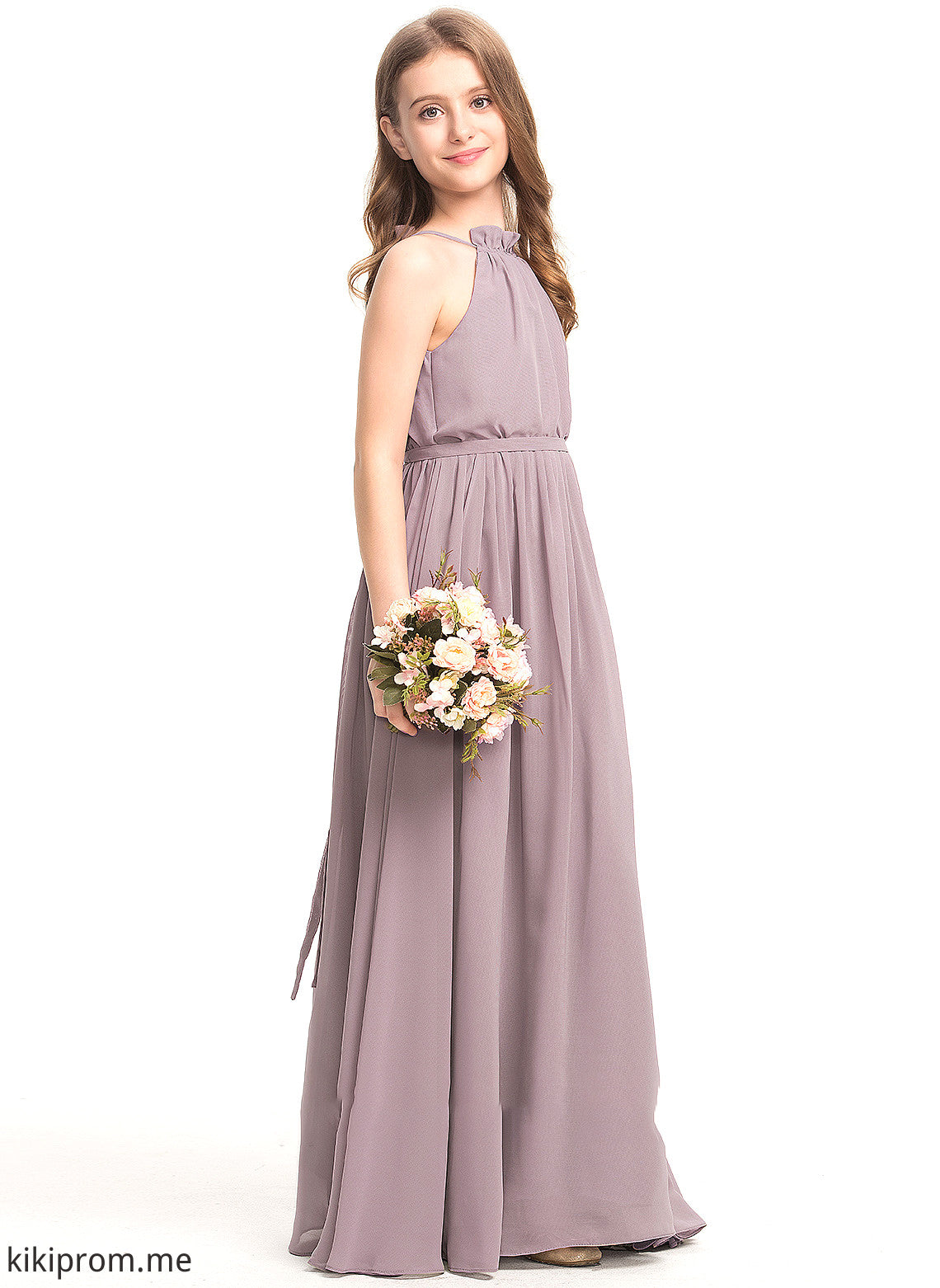 With A-Line Neck Cascading Floor-Length Jayleen High Chiffon Junior Bridesmaid Dresses Ruffles Bow(s)