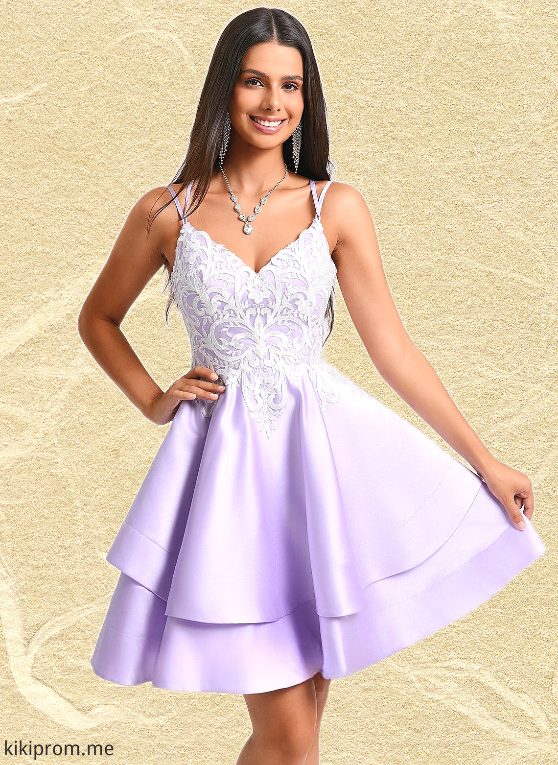 Abby A-line V-Neck Short Satin Homecoming Dress With Appliques Lace HFP0025696