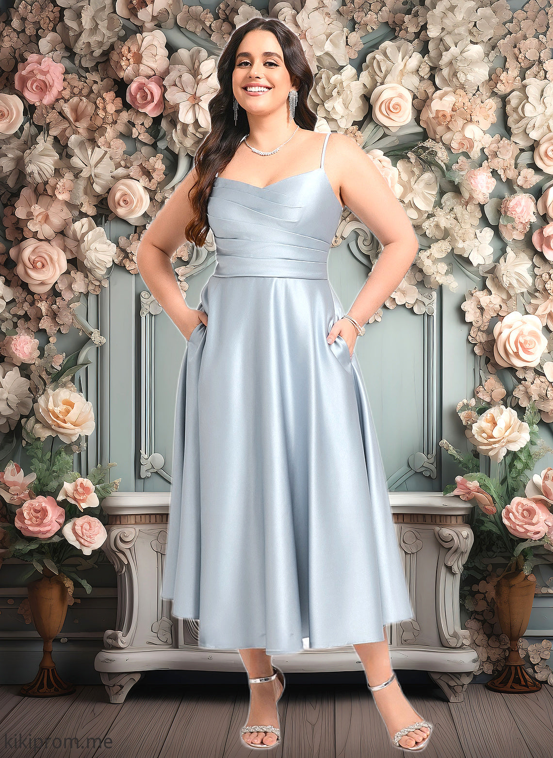 Pamela A-line V-Neck Tea-Length Satin Bridesmaid Dress HFP0025794