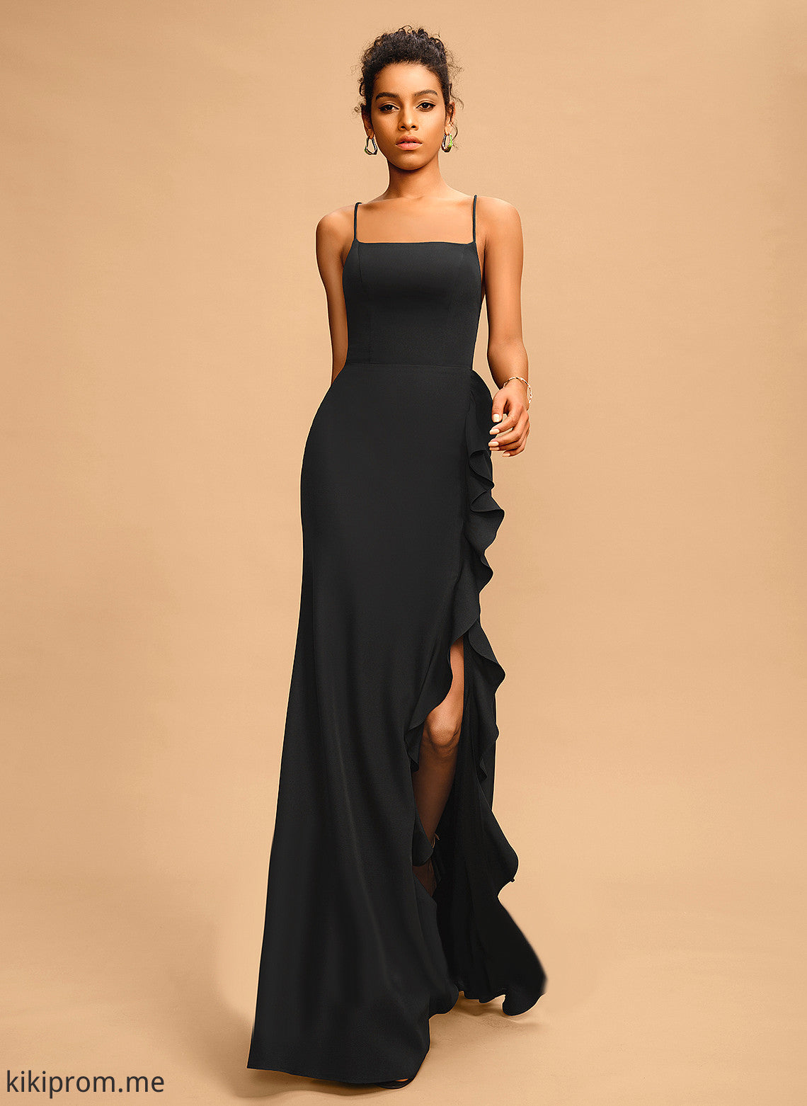 With Prom Dresses Crepe Square Floor-Length Sheath/Column Stretch Ruffle Elyse