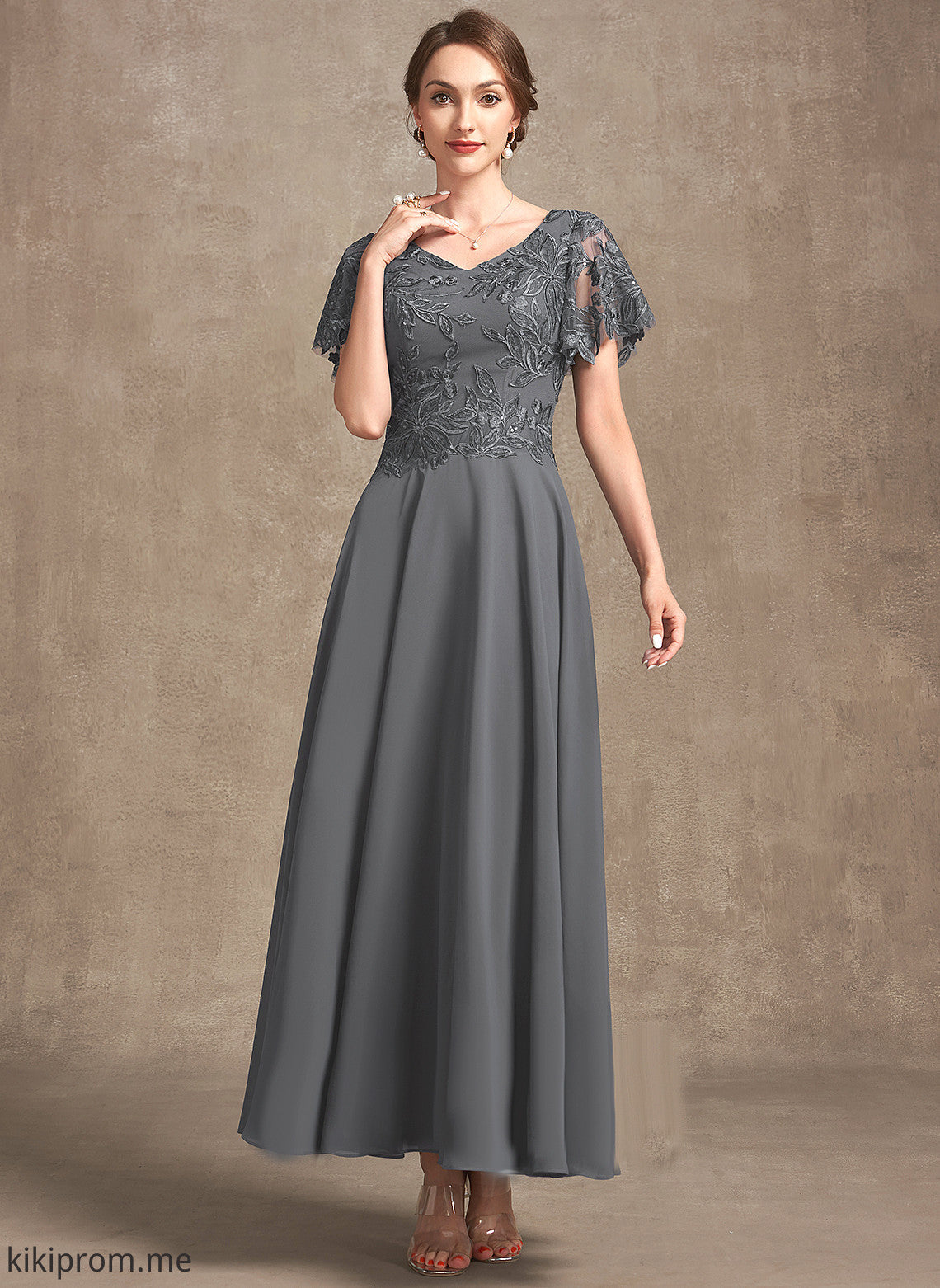 Dress V-neck Lace Chiffon With Ali Bride Ankle-Length Sequins Mother A-Line the Mother of the Bride Dresses of